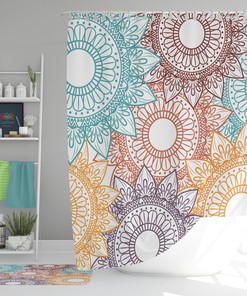 Colorful Abstract Retro Fabric Shower Curtain and Mat, Floral Geometric Pattern for Home Bath Decor Accessories