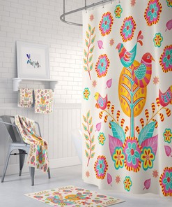 Colorful Bird Shower Curtain, Folk Art Bathroom Decor, Pretty Bath Art