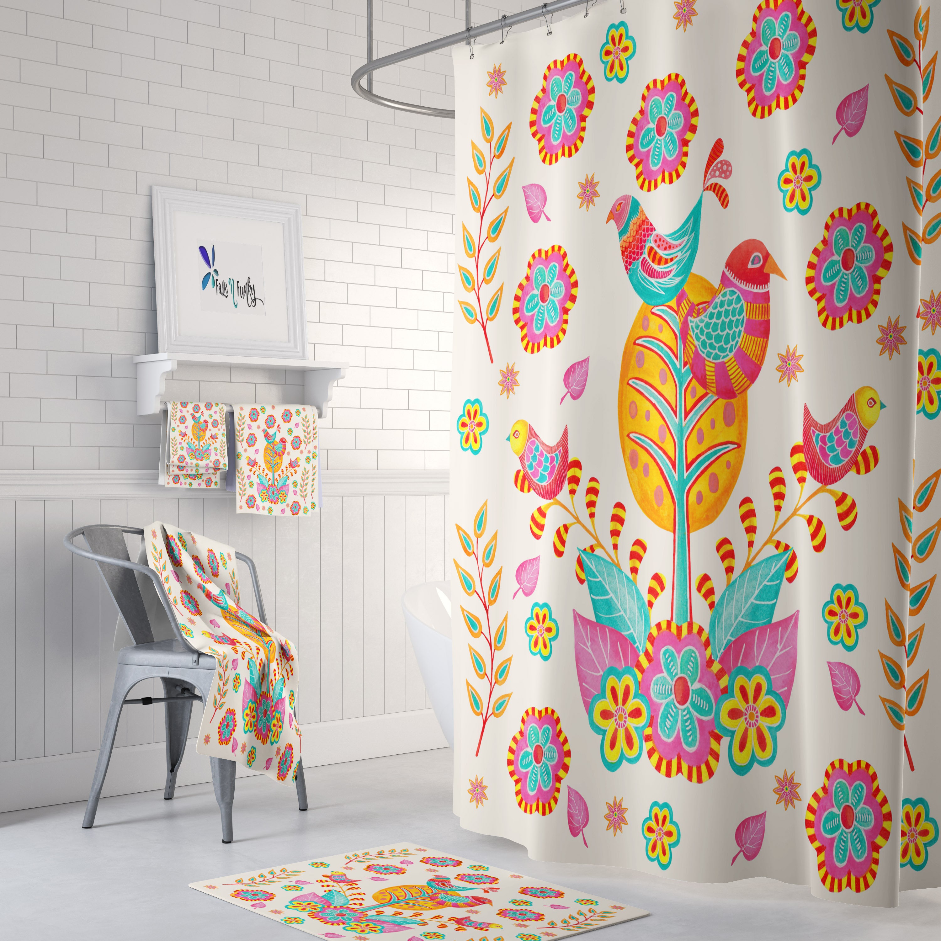 Colorful Bird Shower Curtain, Folk Art Bathroom Decor, Pretty Bath Art
