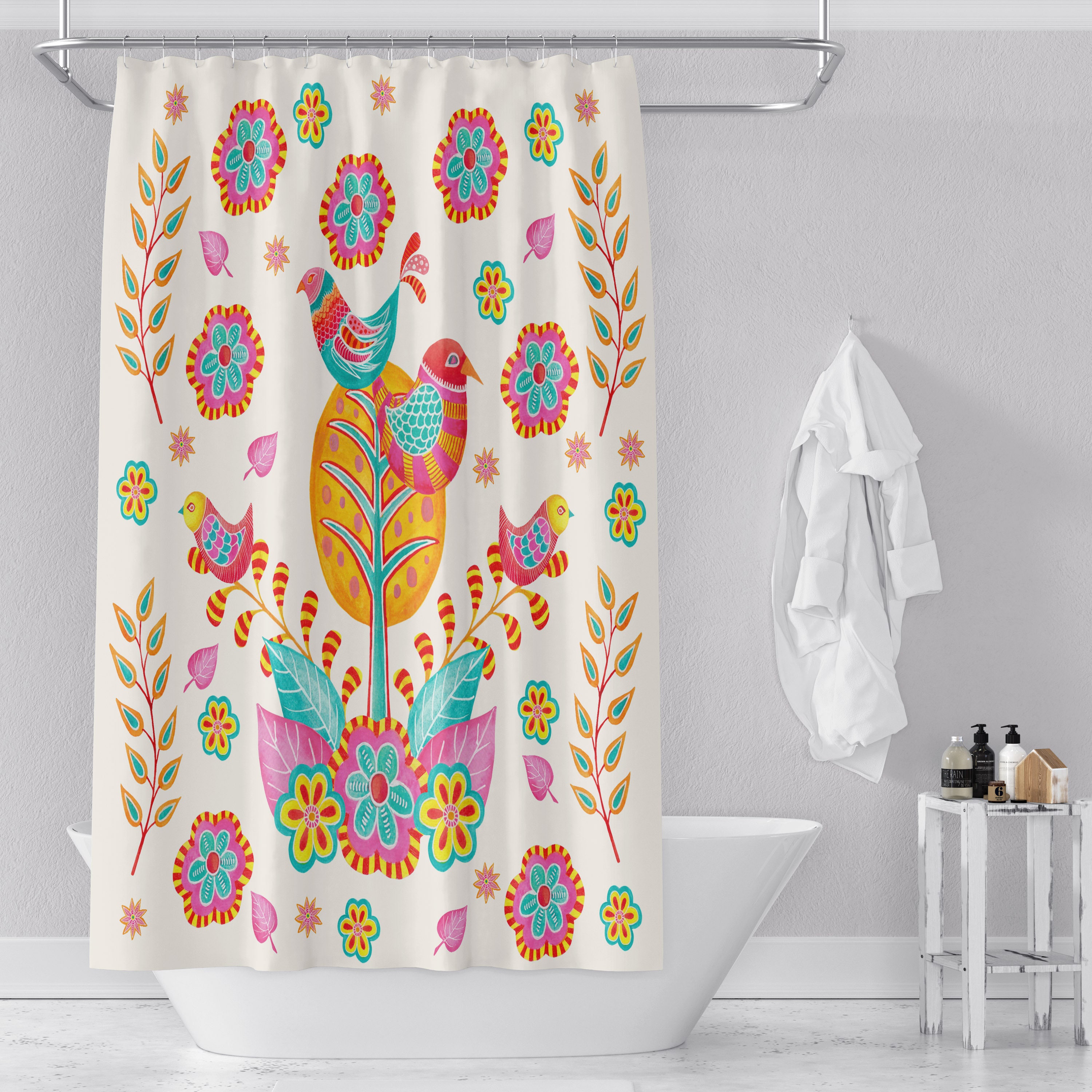 Colorful Bird Shower Curtain, Folk Art Bathroom Decor, Pretty Bath Art - Image 2