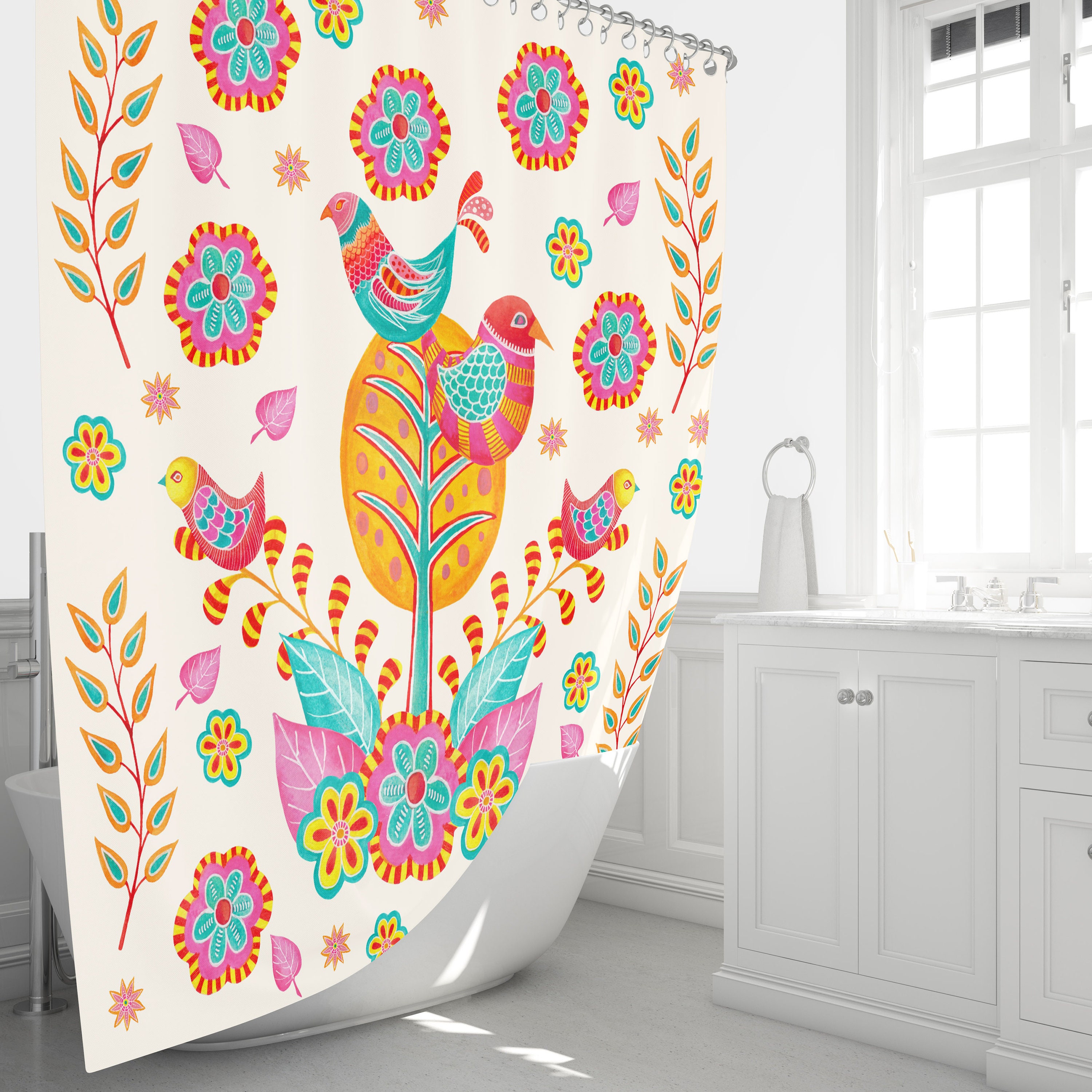 Colorful Bird Shower Curtain, Folk Art Bathroom Decor, Pretty Bath Art - Image 3