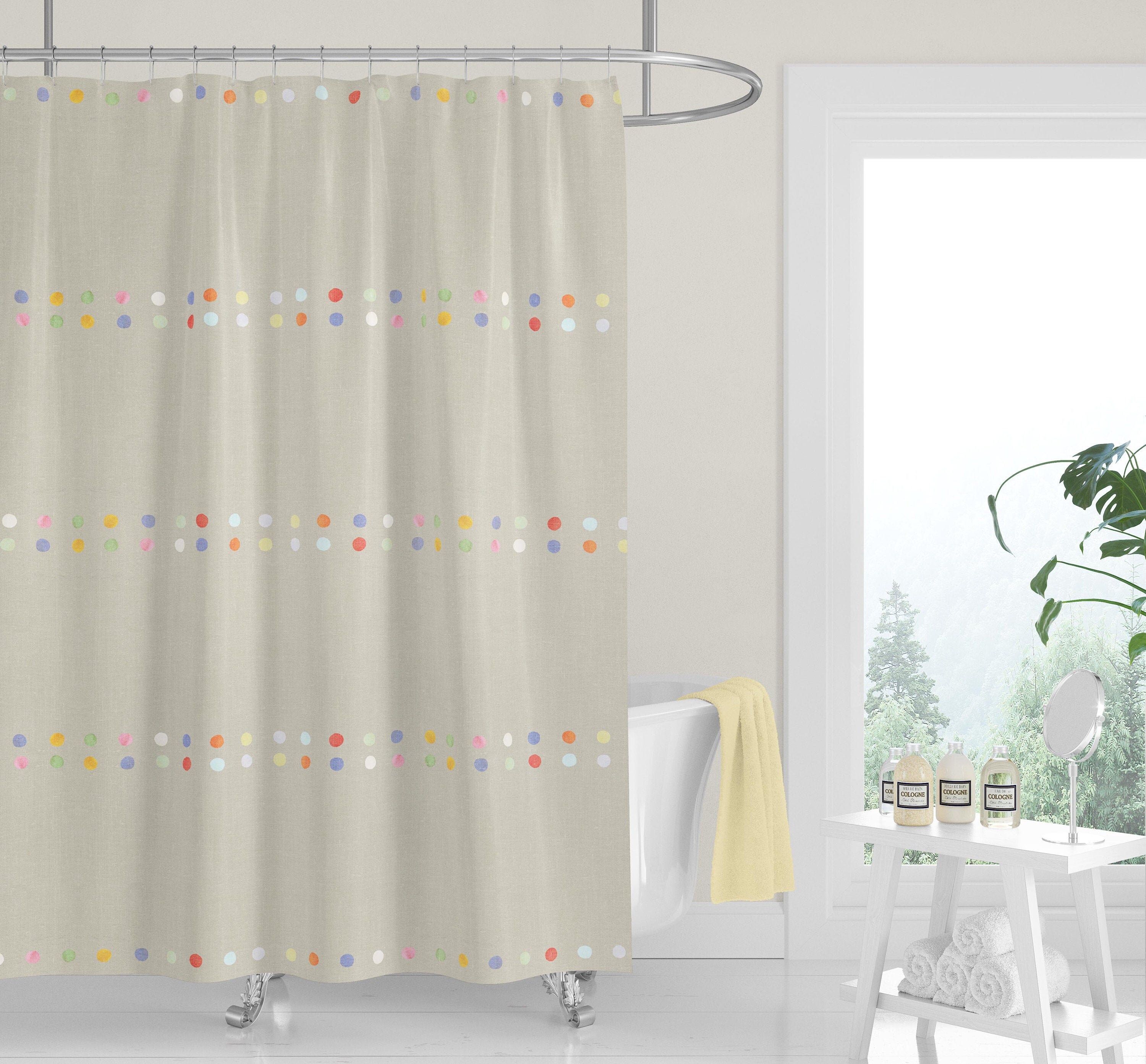Colorful Boho Dots Shower Curtain / Neutral Fabric Bath Curtain / Pastel Watercolor Design