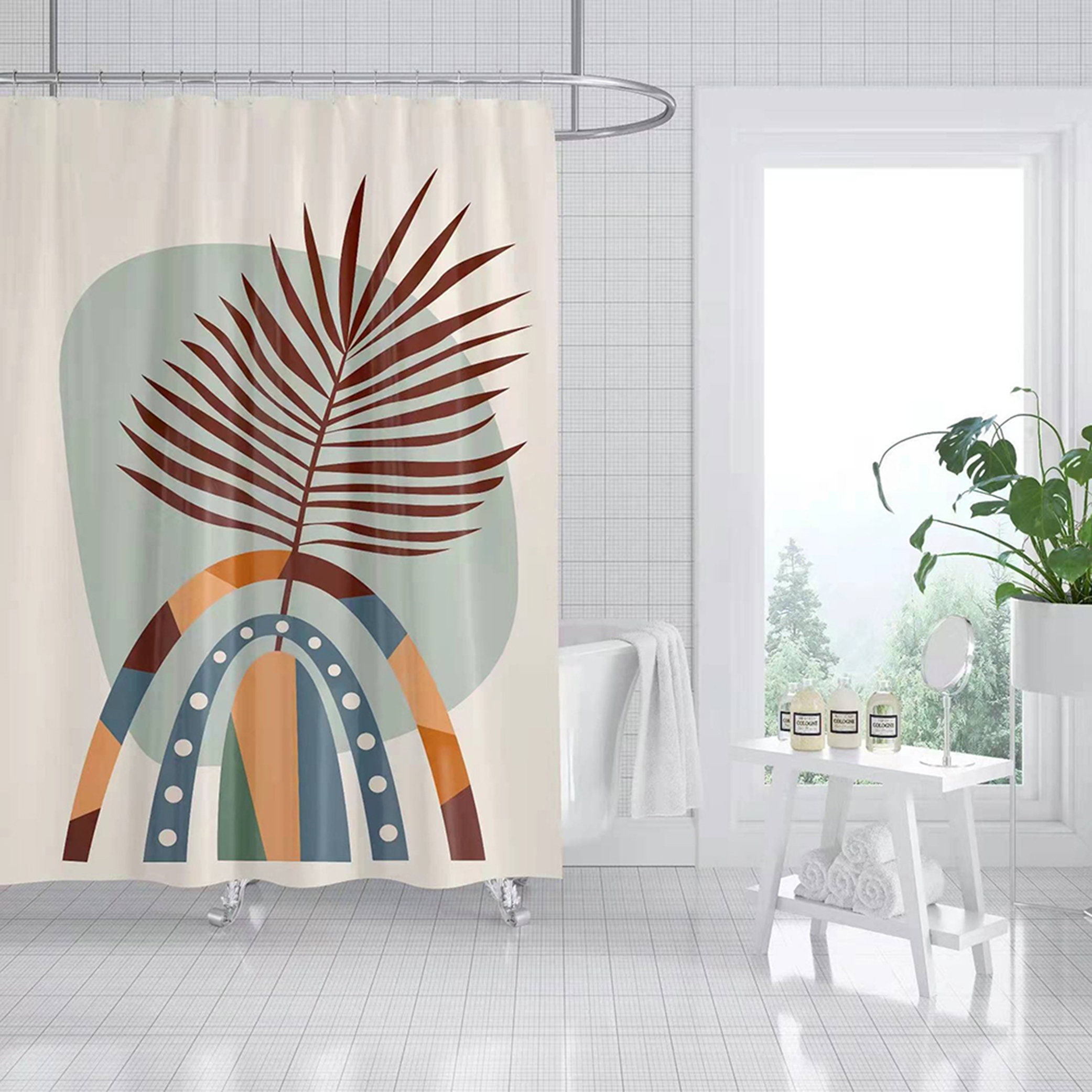 Colorful Boho Rainbow Shower Curtain with Palm Leaves Design