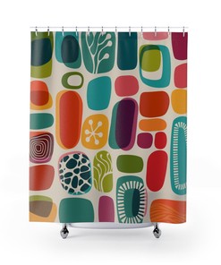 Colorful Bold Retro Geometric Shower Curtain for Mid Century Modern Bathroom.