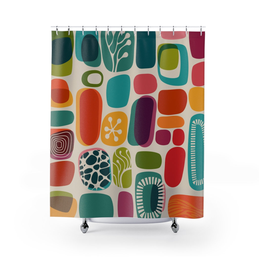 Colorful Bold Retro Geometric Shower Curtain for Mid Century Modern Bathroom.