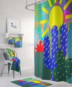 Colorful Cactus Abstract Shower Curtain with Optional Matching Towel and Bath Mat for FolkNFunky Bathroom Decor