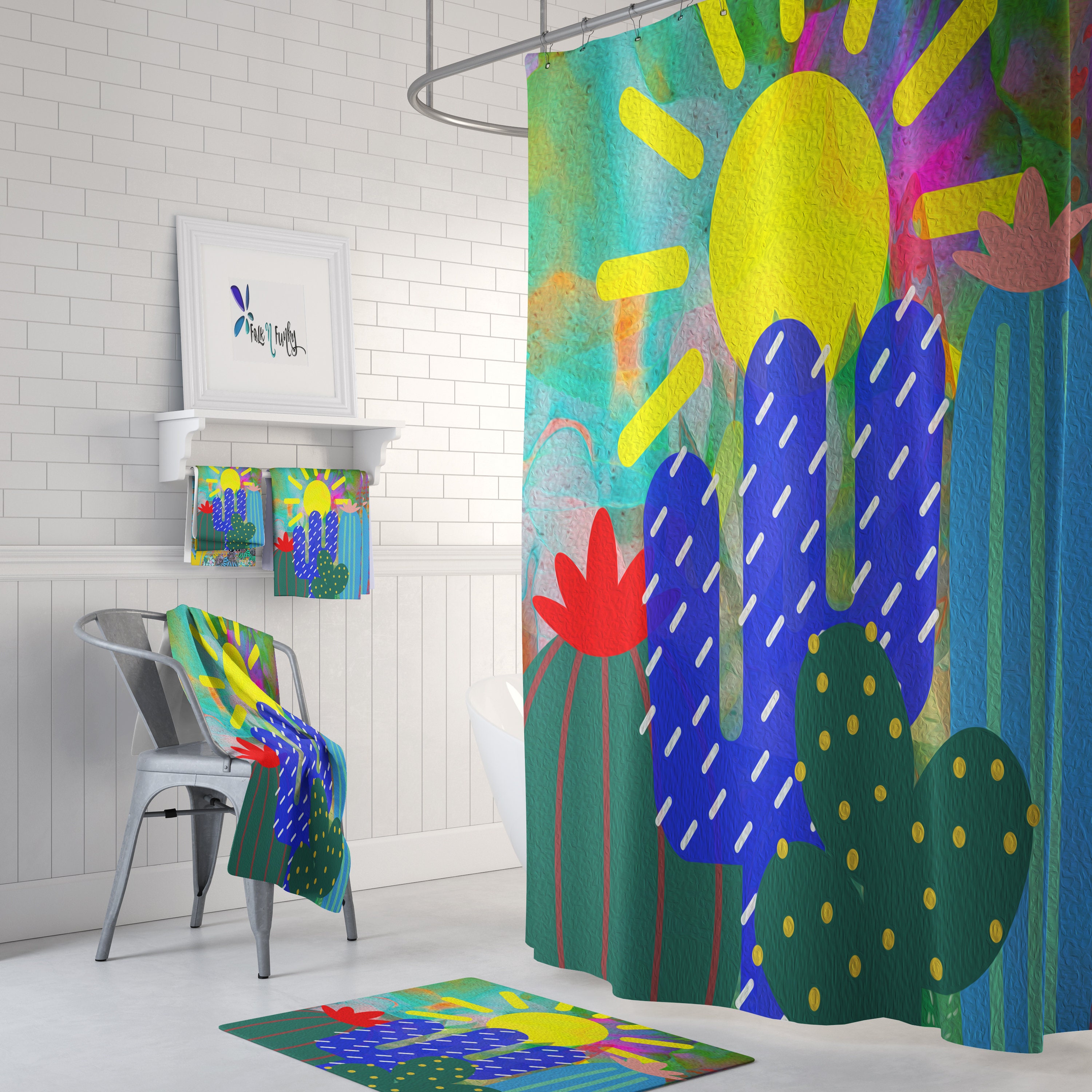 Colorful Cactus Abstract Shower Curtain with Optional Matching Towel and Bath Mat for FolkNFunky Bathroom Decor