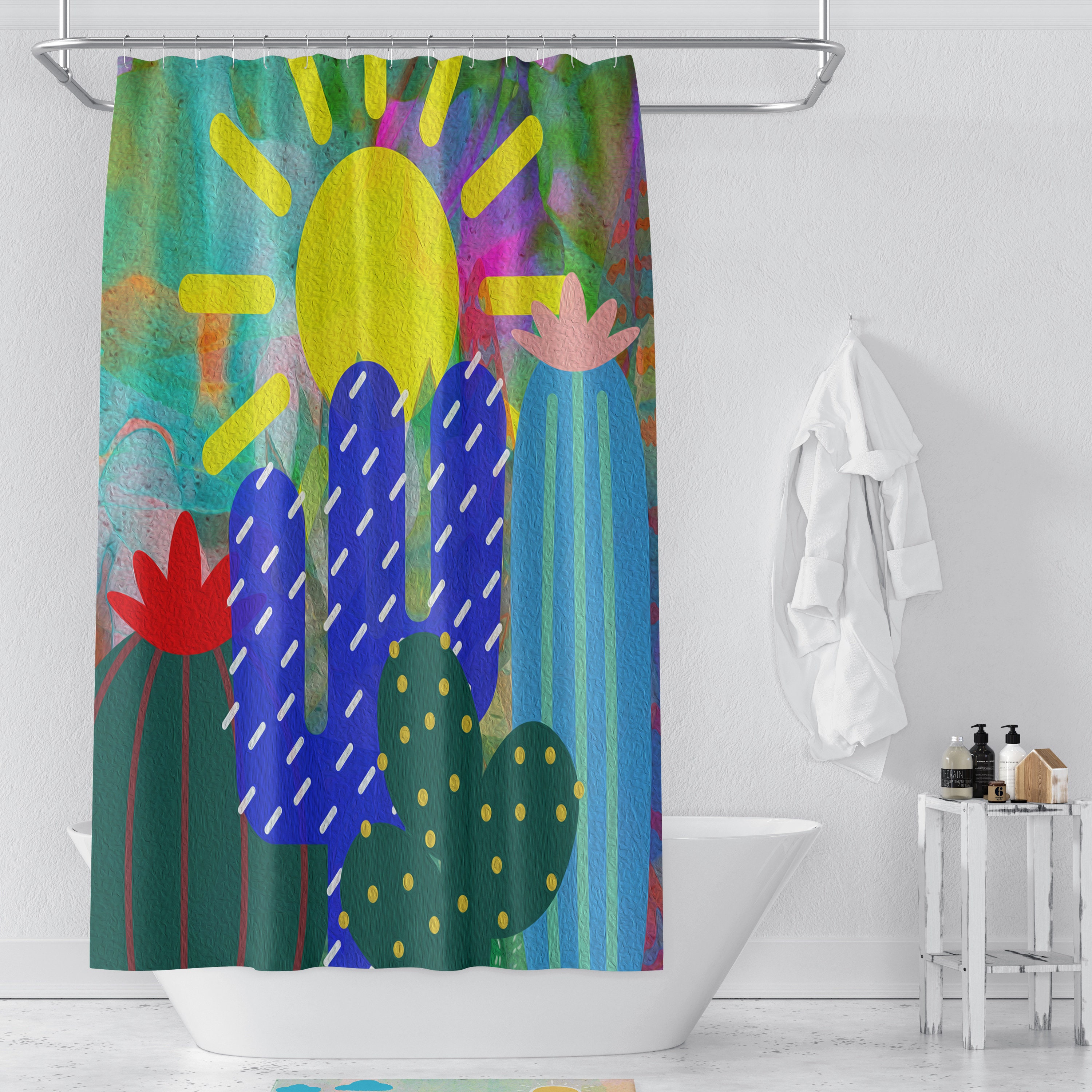 Colorful Cactus Abstract Shower Curtain with Optional Matching Towel and Bath Mat for FolkNFunky Bathroom Decor - Image 2