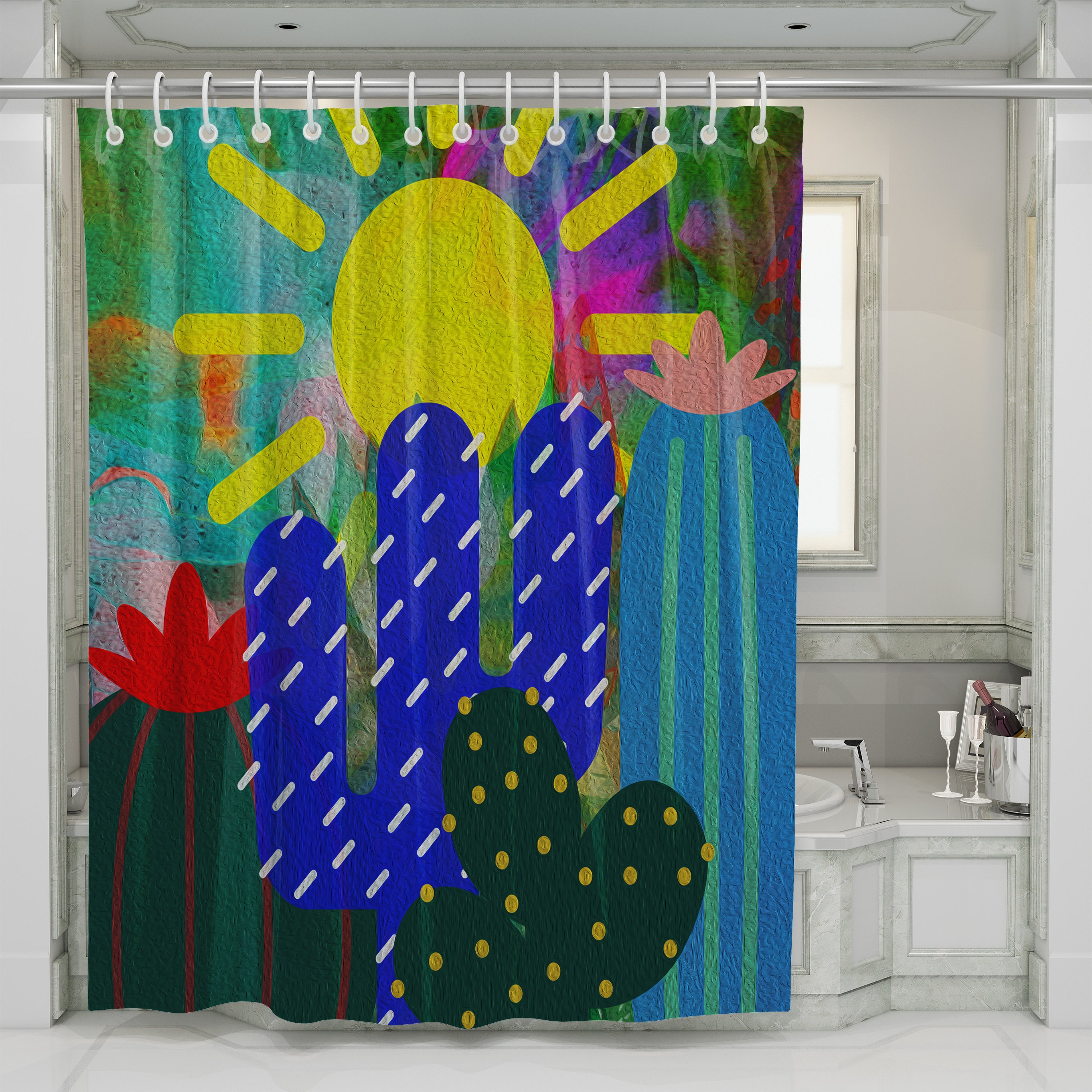 Colorful Cactus Abstract Shower Curtain with Optional Matching Towel and Bath Mat for FolkNFunky Bathroom Decor - Image 3