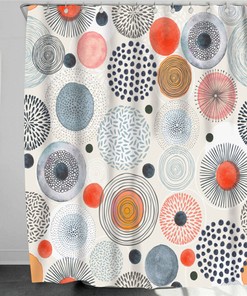 Colorful Circle Round Firework Shower Curtain, Abstract Gray Blue Red Fabric Bathroom Decor