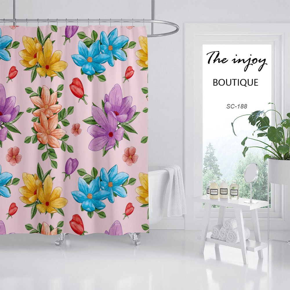 Colorful Flowers Shower Curtain, Customizable Size, Minimalist Waterproof Washable Bath Curtain - Image 2