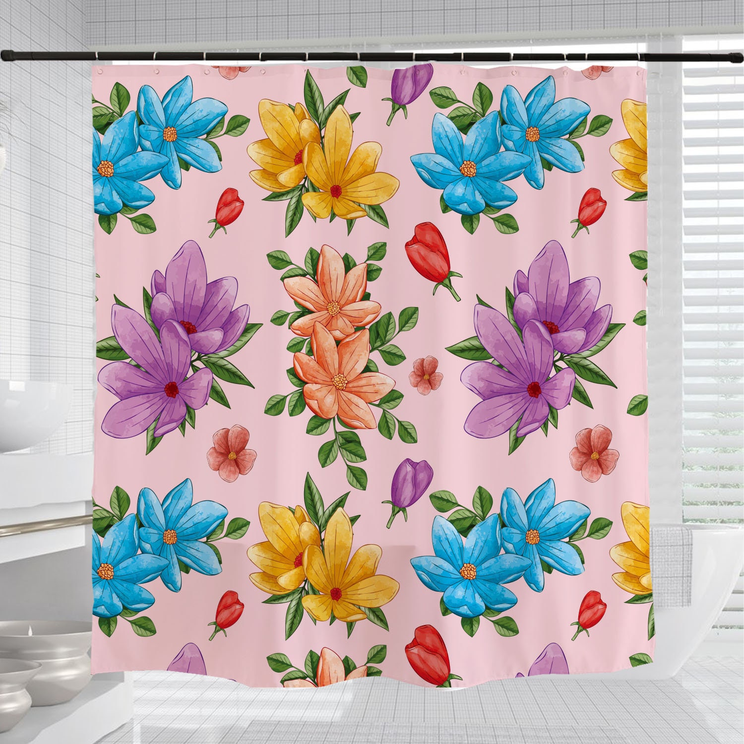 Colorful Flowers Shower Curtain, Customizable Size, Minimalist Waterproof Washable Bath Curtain - Image 3