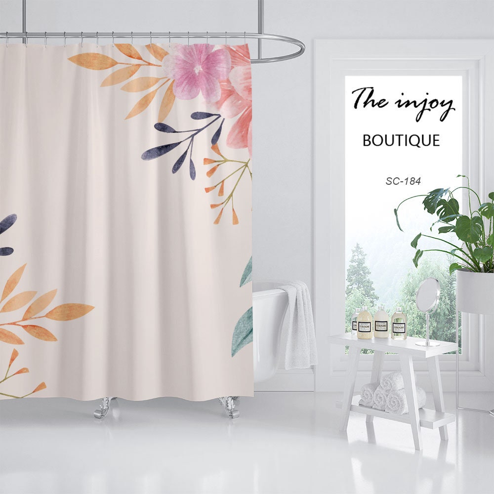 Colorful Flowers Shower Curtain, Spring Pink Bathroom Decor, Customizable Bath Curtain with Hooks, Unique and Luxurious - Image 2