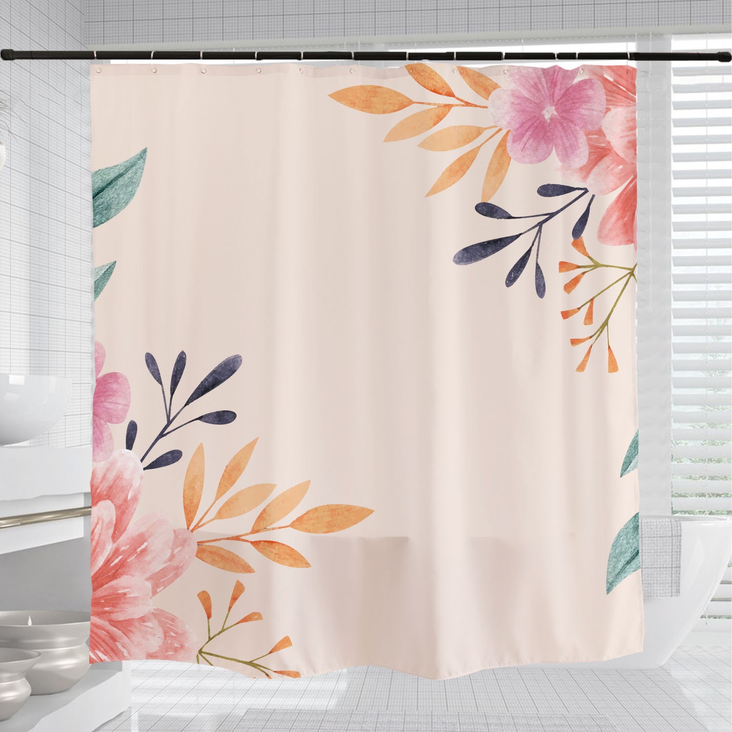 Colorful Flowers Shower Curtain, Spring Pink Bathroom Decor, Customizable Bath Curtain with Hooks, Unique and Luxurious - Image 3