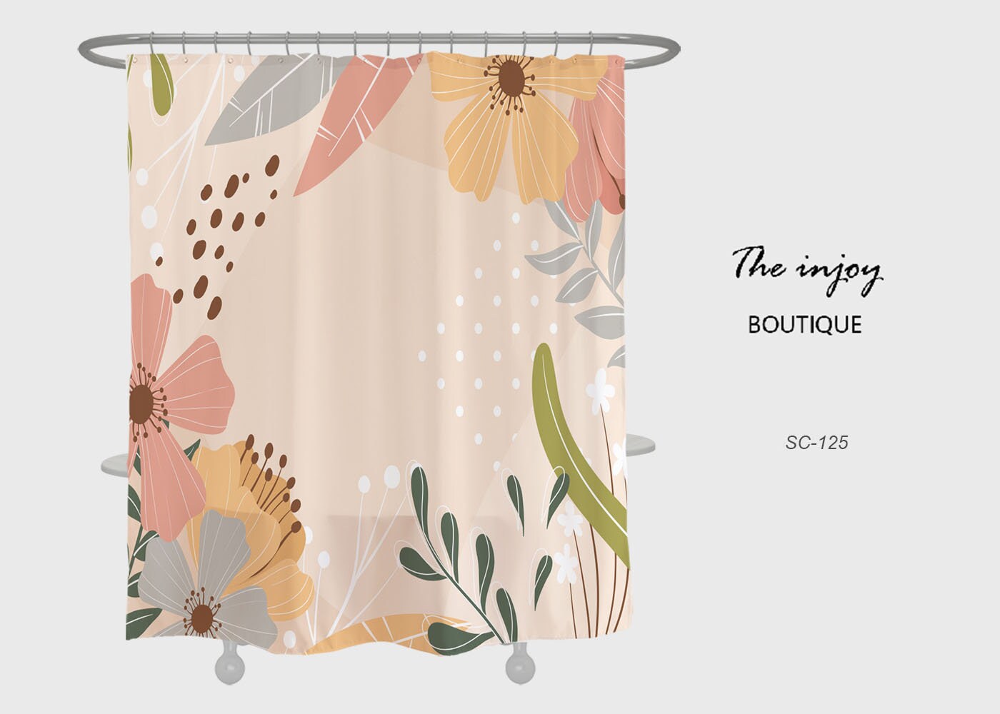 Colorful Flowers Shower Curtain with Hooks, Waterproof & Washable Curtain