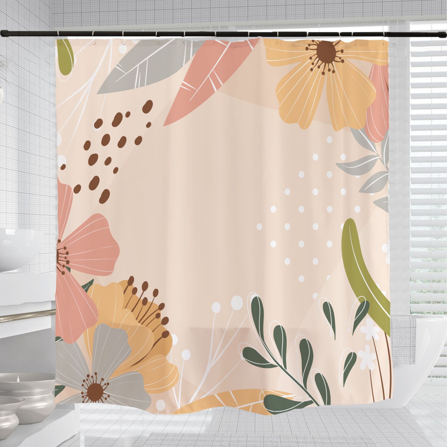 Colorful Flowers Shower Curtain with Hooks, Waterproof & Washable Curtain - Image 3