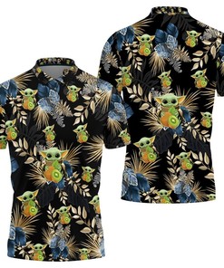 Colorful Flowers on Black Background Baby Yoda Hugging Kiwis Blue Polo Shirt with All Over Print and Personalized touch.