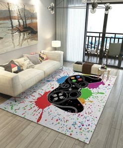 Colorful Game Room Carpet for Boys with Watercolor Style - Non-Slip Video Controller Rug with T-Shirt, Hoodie, Sweatshirt Game room decor rug