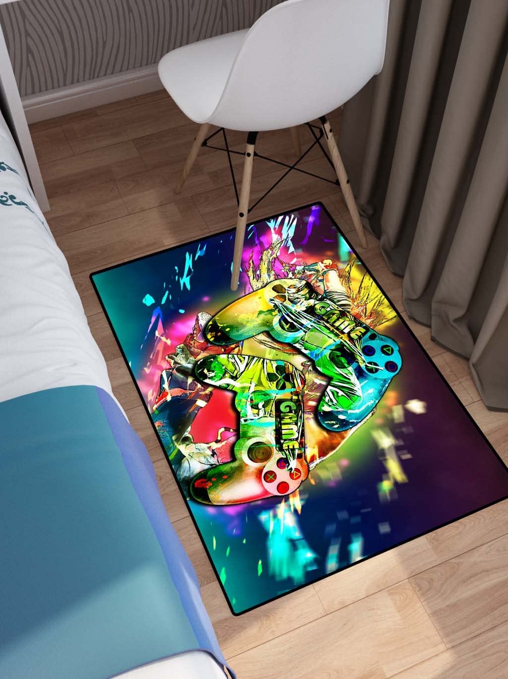 Colorful Gaming Painting Black Sitting-Room Rug for Gamer Area Rugs