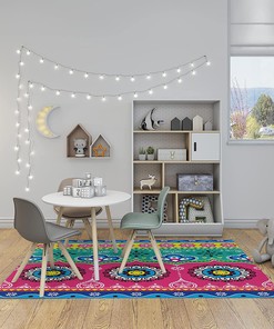 Colorful Jingle Trucks Pattern Non-Slip Area Rug with Indian Pakistani Truck Art Design