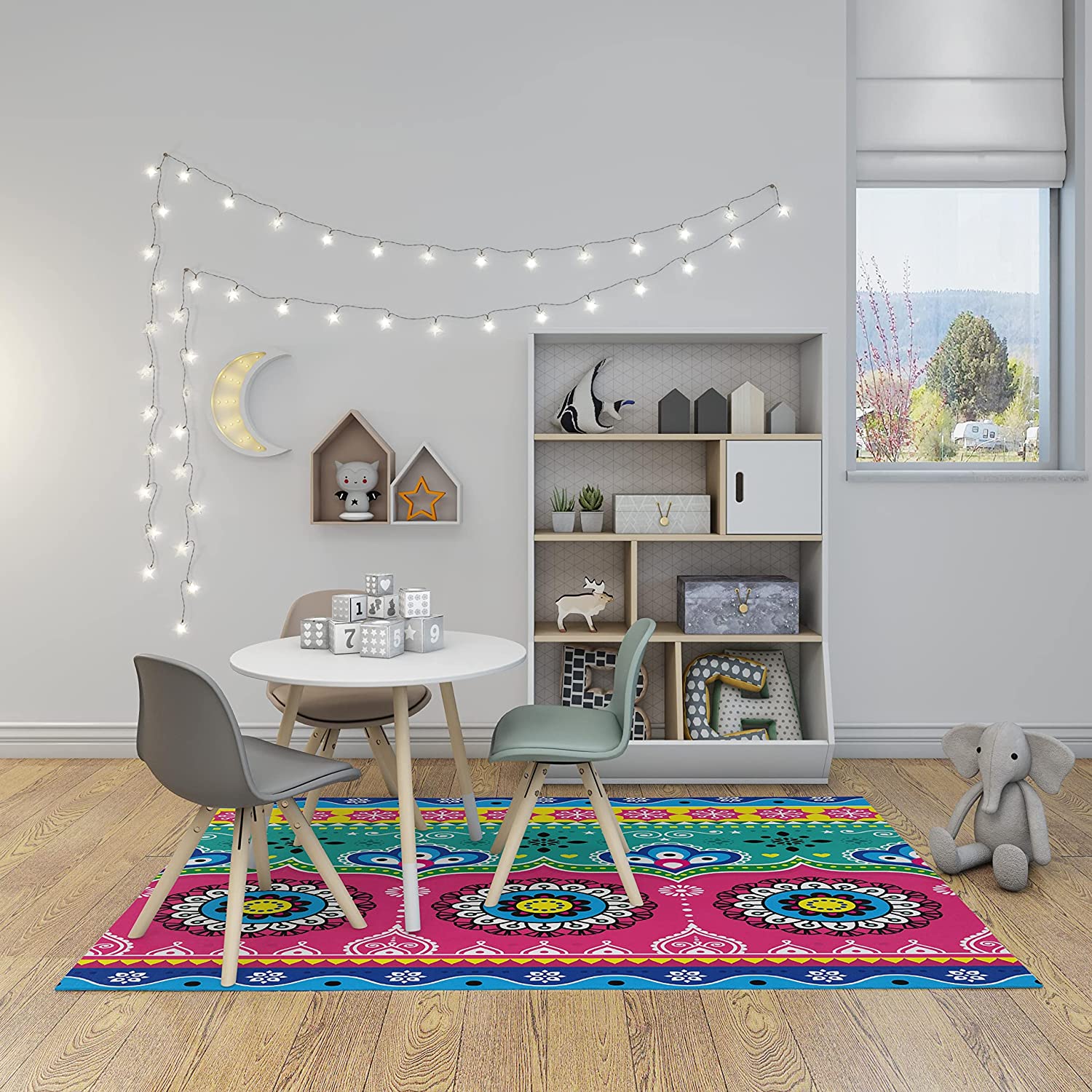 Colorful Jingle Trucks Pattern Non-Slip Area Rug with Indian Pakistani Truck Art Design