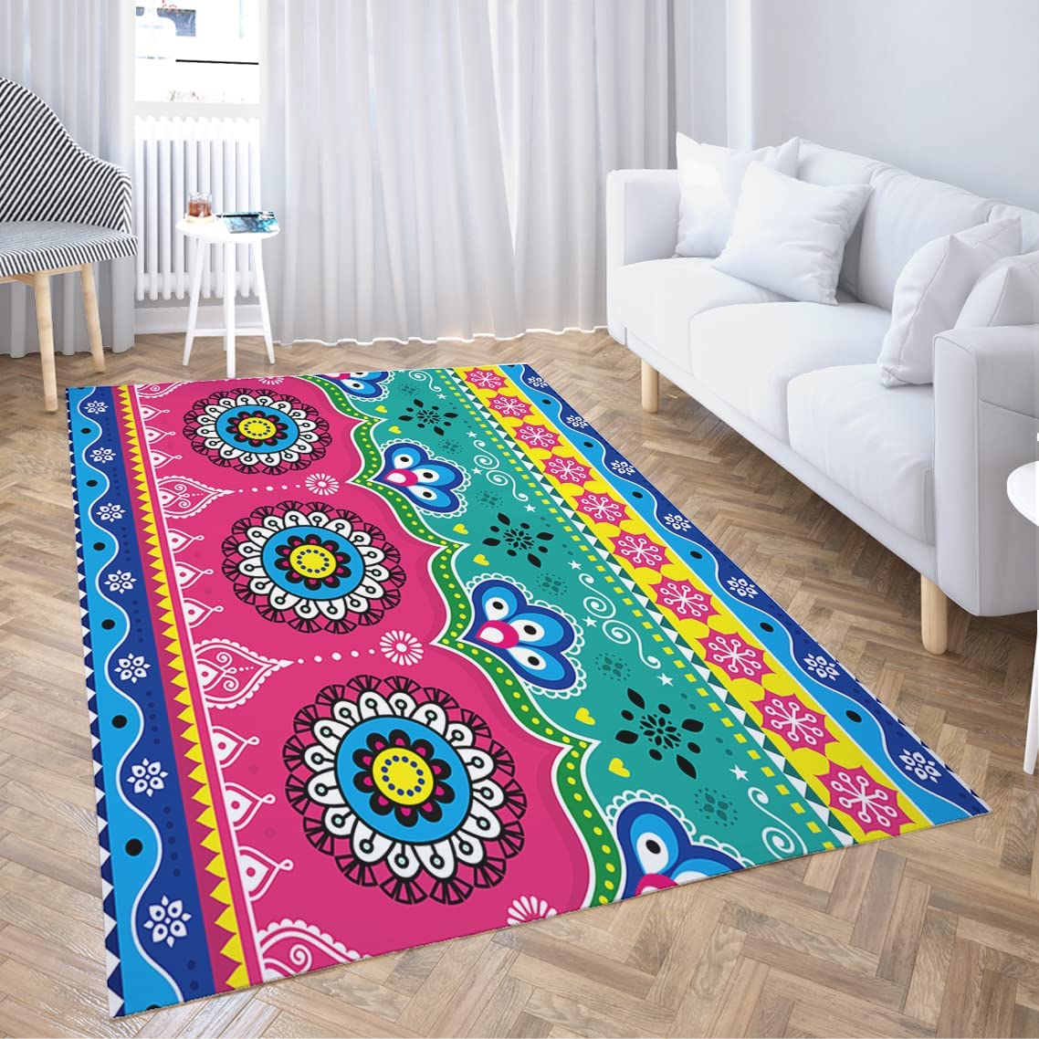 Colorful Jingle Trucks Pattern Non-Slip Area Rug with Indian Pakistani Truck Art Design - Image 2
