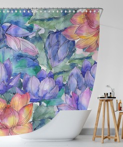 Colorful Lotus Flower Shower Curtain, Waterproof Bath Curtain, Quick Dry Bathroom Curtain, 74 Curtain