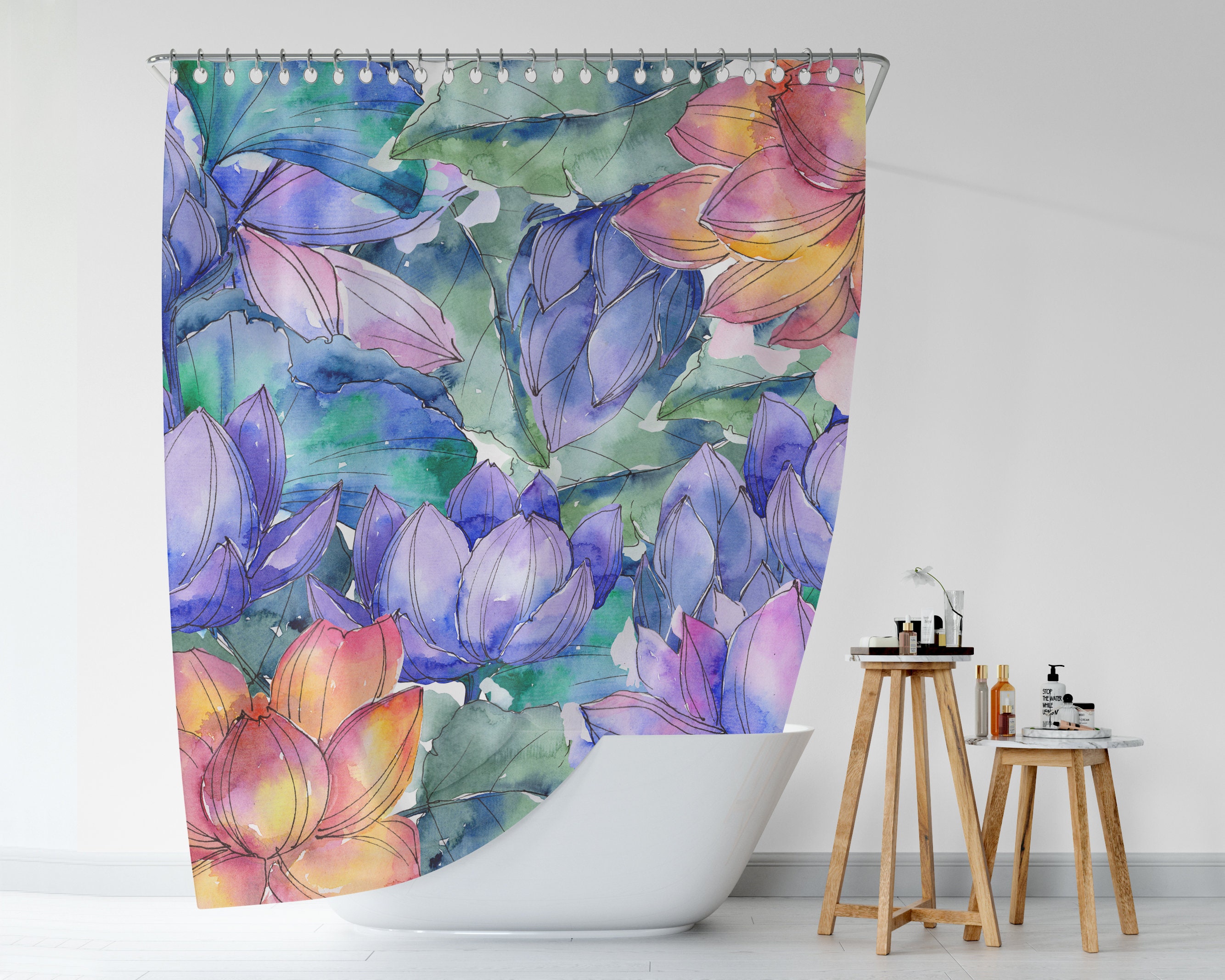 Colorful Lotus Flower Shower Curtain, Waterproof Bath Curtain, Quick Dry Bathroom Curtain, 74 Curtain