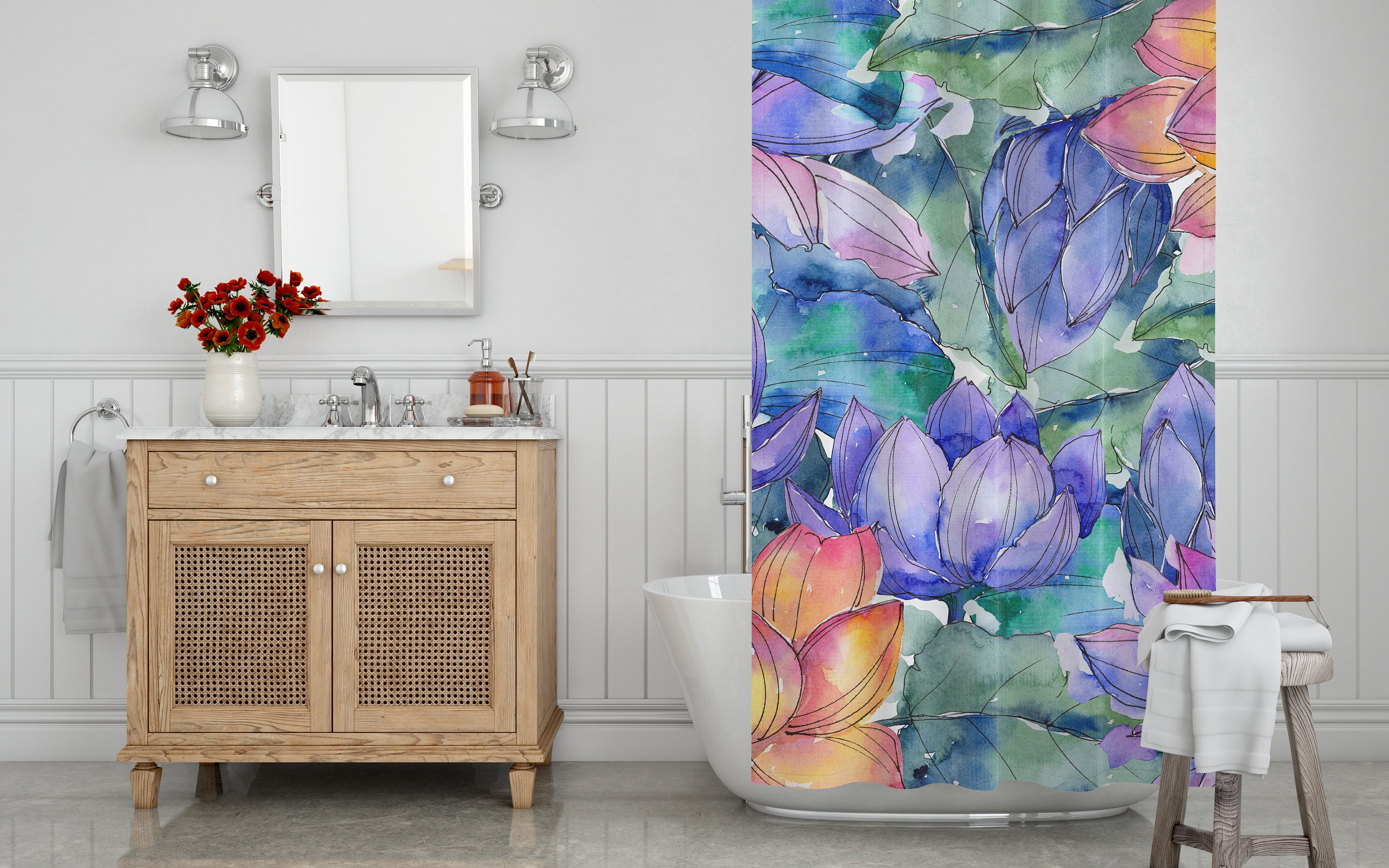 Colorful Lotus Flower Shower Curtain, Waterproof Bath Curtain, Quick Dry Bathroom Curtain, 74 Curtain - Image 4