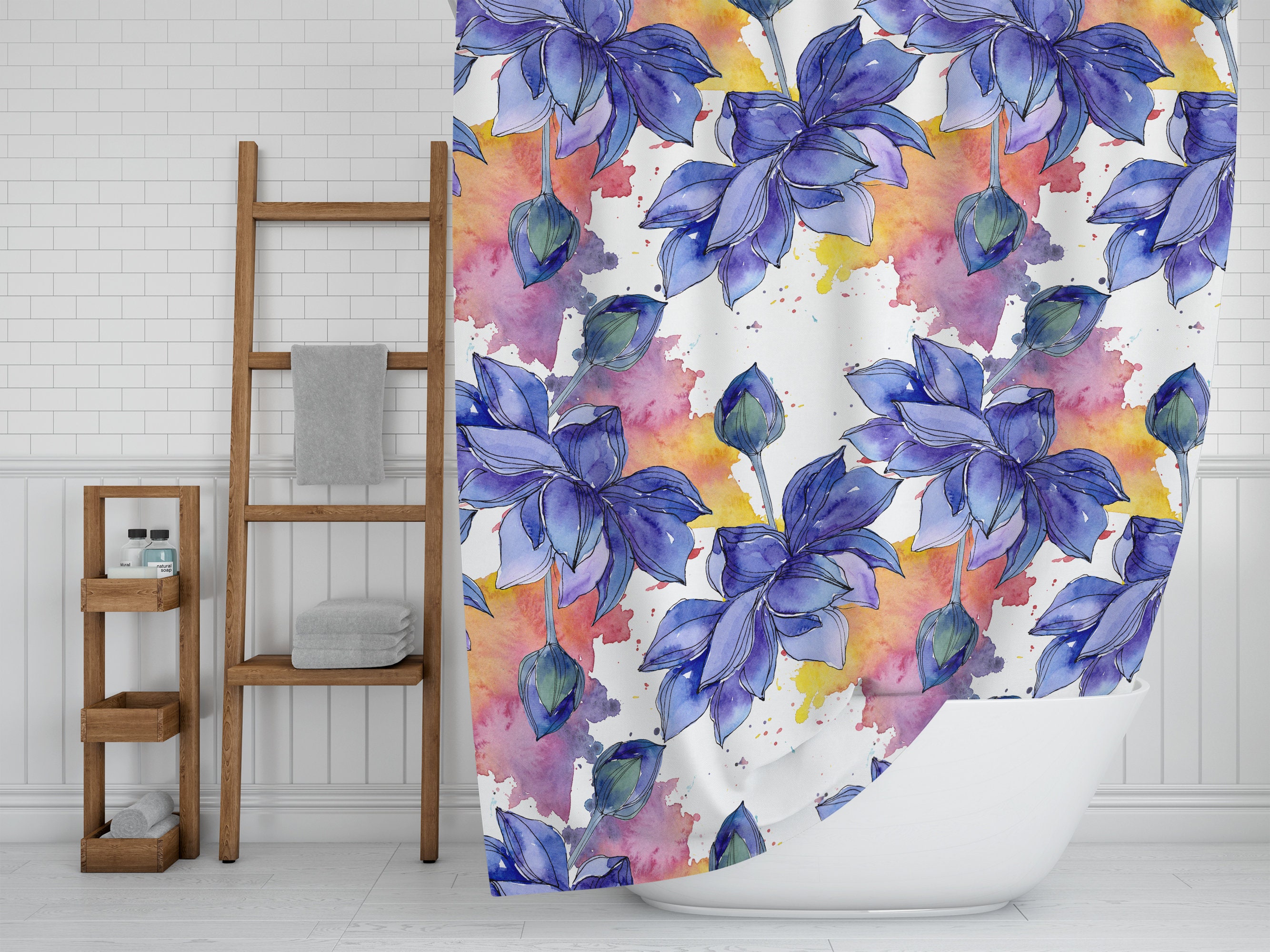 Colorful Lotus Flowers Printed Shower Curtain, Bath Decor , Inspirational Bohemian Bathroom Accessories - Image 2