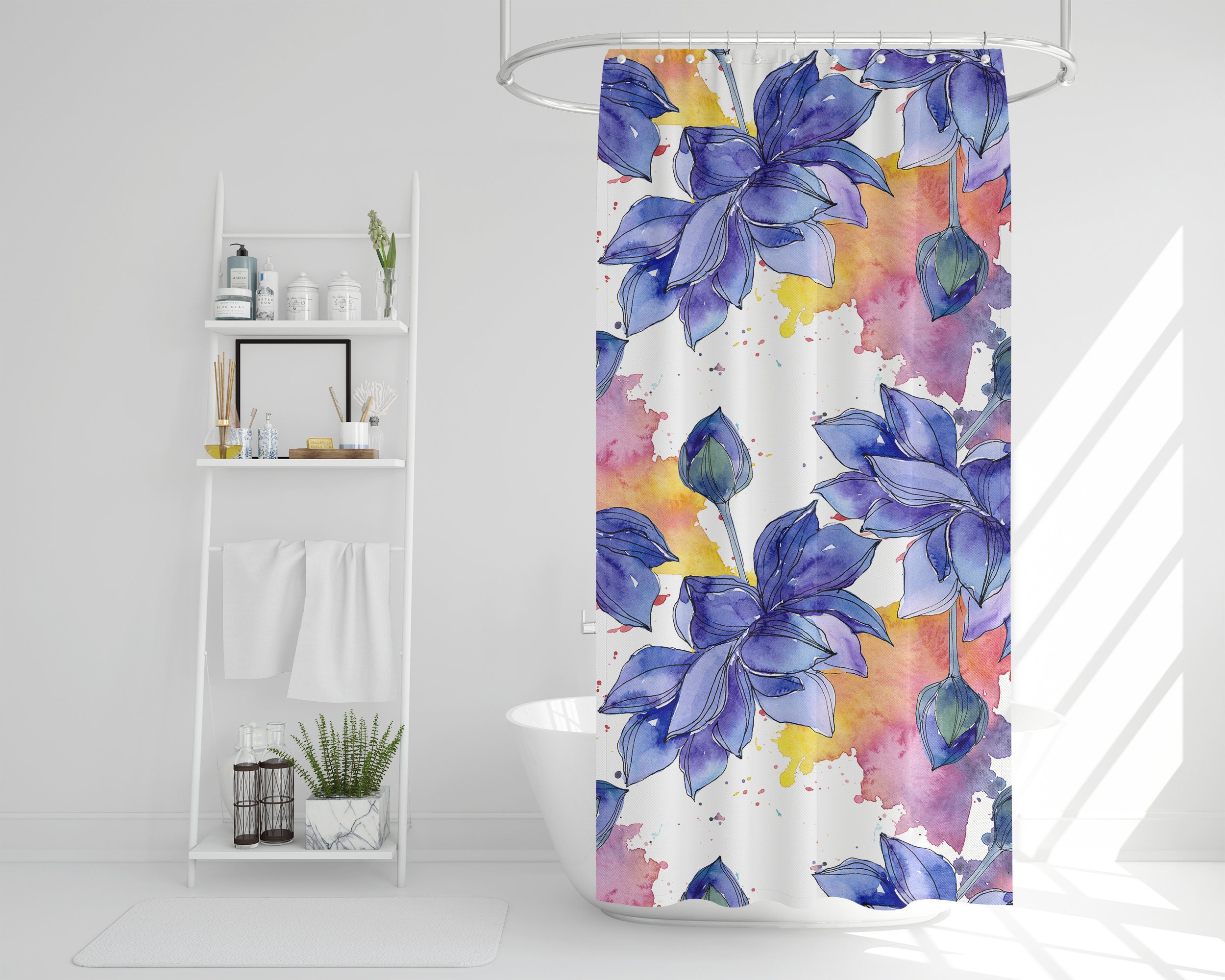 Colorful Lotus Flowers Printed Shower Curtain, Bath Decor , Inspirational Bohemian Bathroom Accessories - Image 3