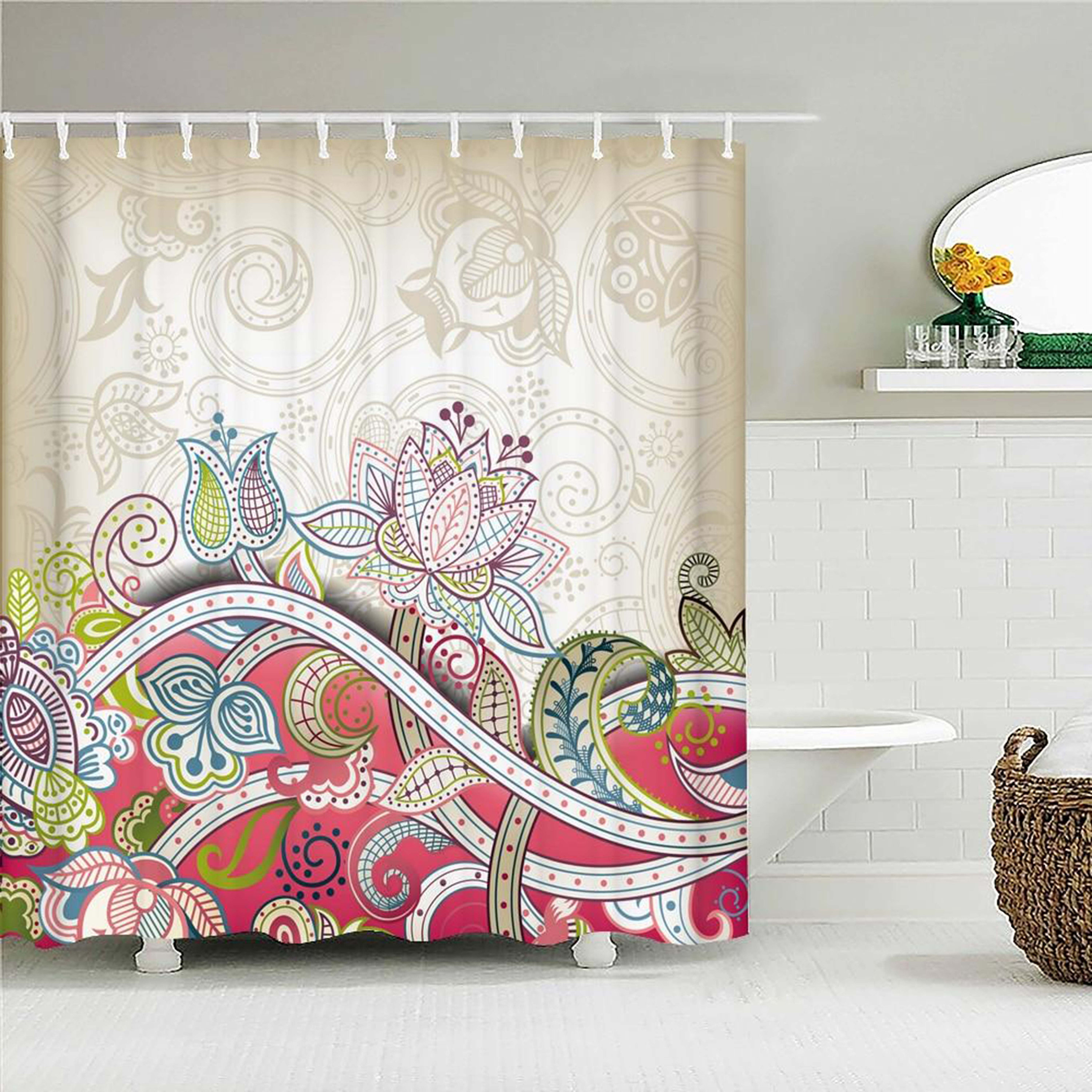Colorful Lotus Shower Curtain | Garden Graphic Bath Curtain | Flowers Pink | Home Bathroom Decor Accessories