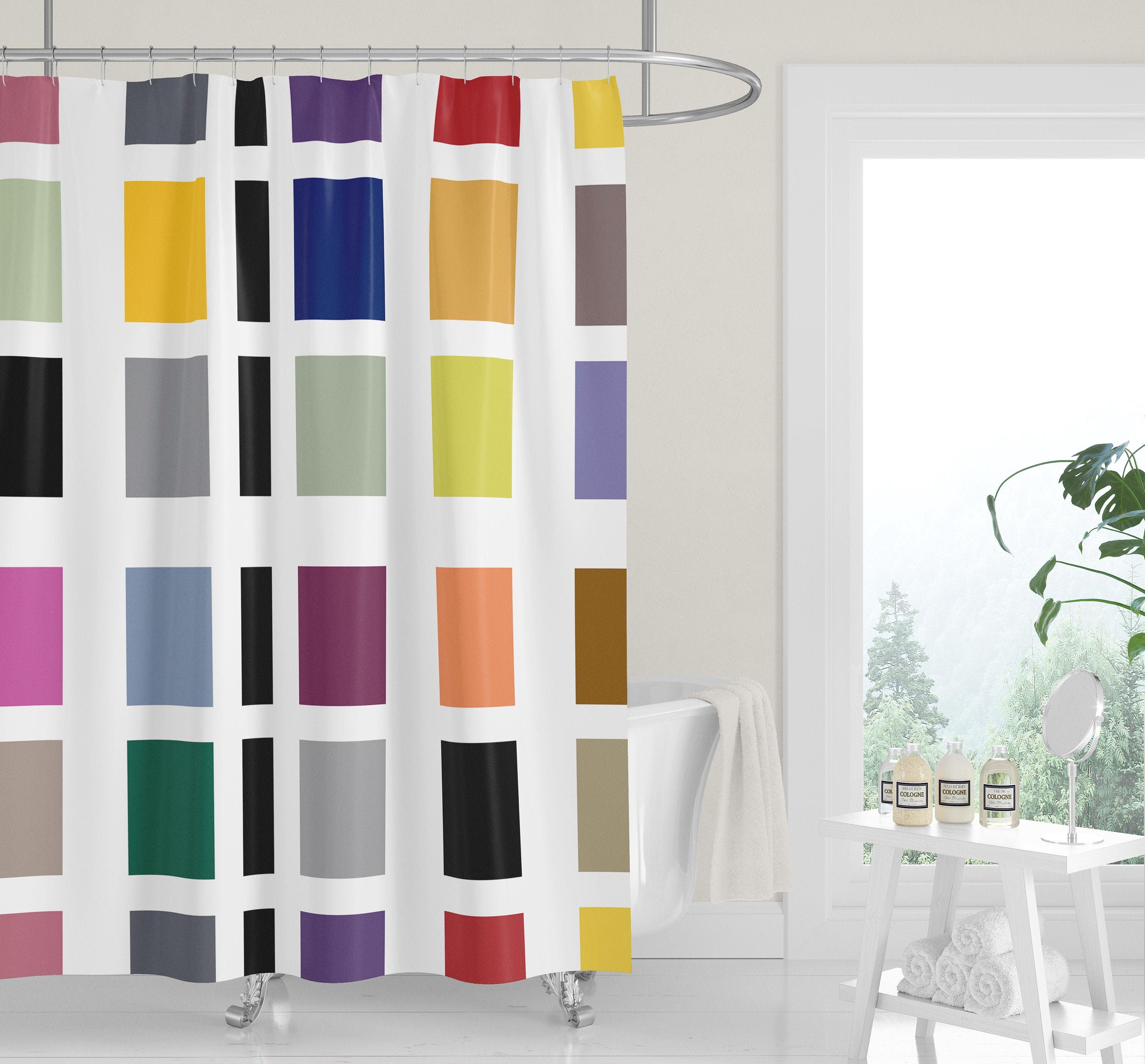 Colorful Mid-Century Color Block Squares Shower Curtain for a Funky Bathroom Style