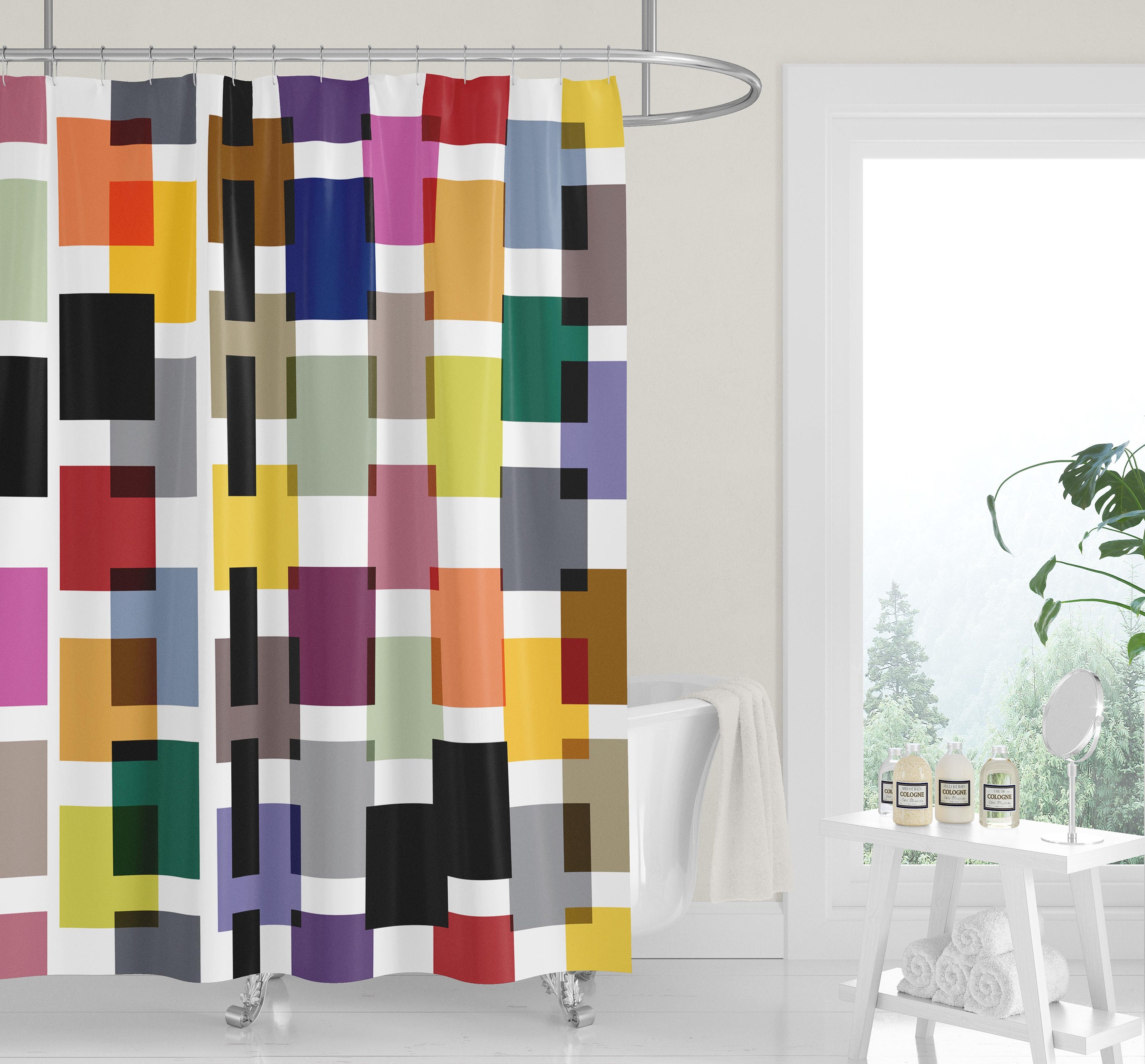 Colorful Mid-Century Color Block Squares Shower Curtain for a Funky Bathroom Style - Image 2