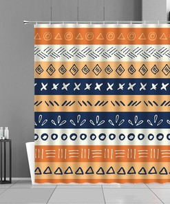 Colorful Mid-century Boho Horizontal Blue Fabric Shower Curtain, Retro Stripe Pattern