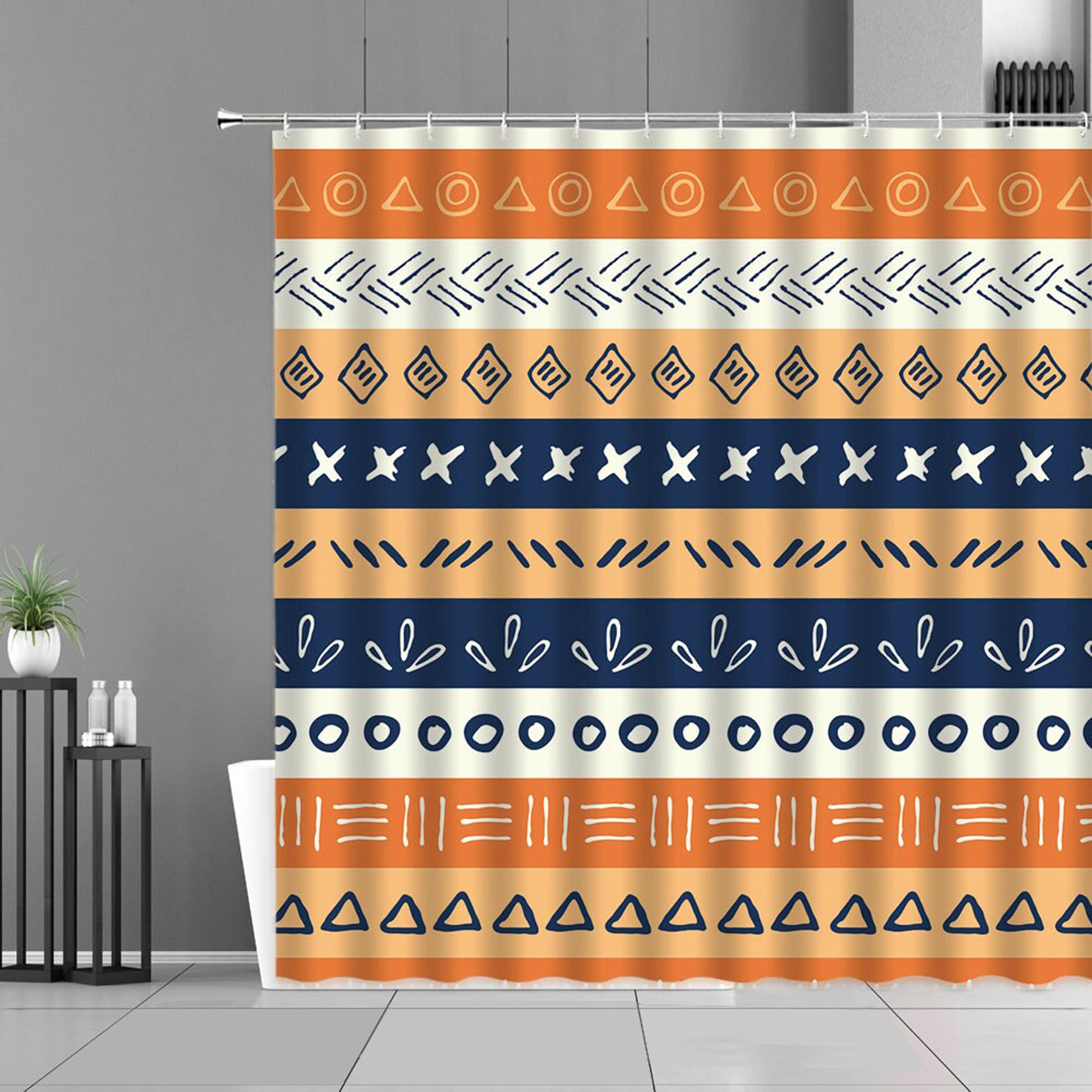 Colorful Mid-century Boho Horizontal Blue Fabric Shower Curtain, Retro Stripe Pattern