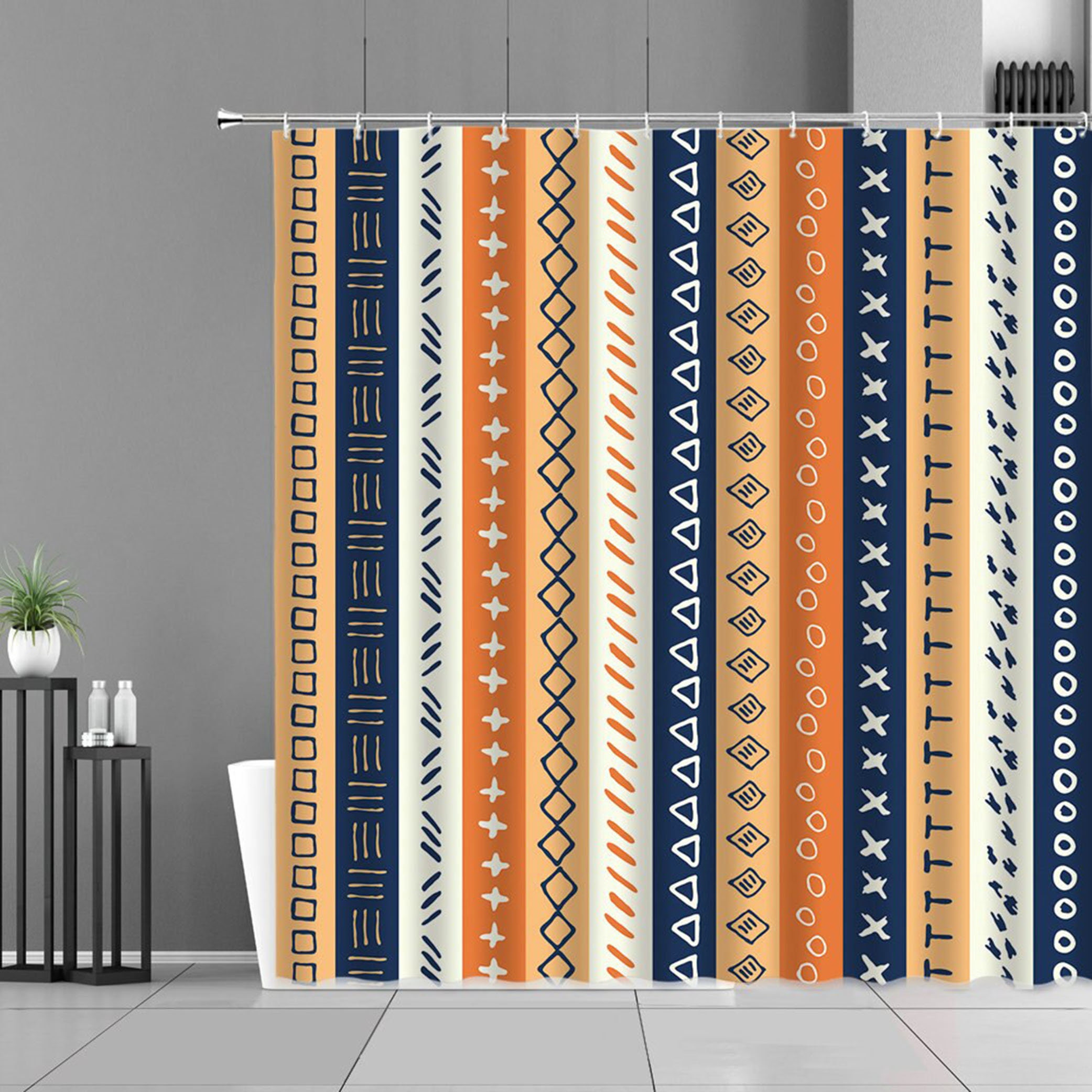 Colorful Mid-century Boho Vertical Blue Fabric Shower Curtain, Retro Stripe Pattern for Home Bathroom Set Decor