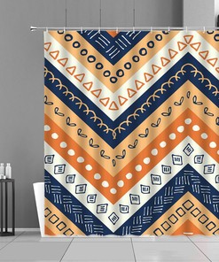 Colorful Mid-century Ethnic Orange Blue Fabric Shower Curtain, Shower Curtains Decorative