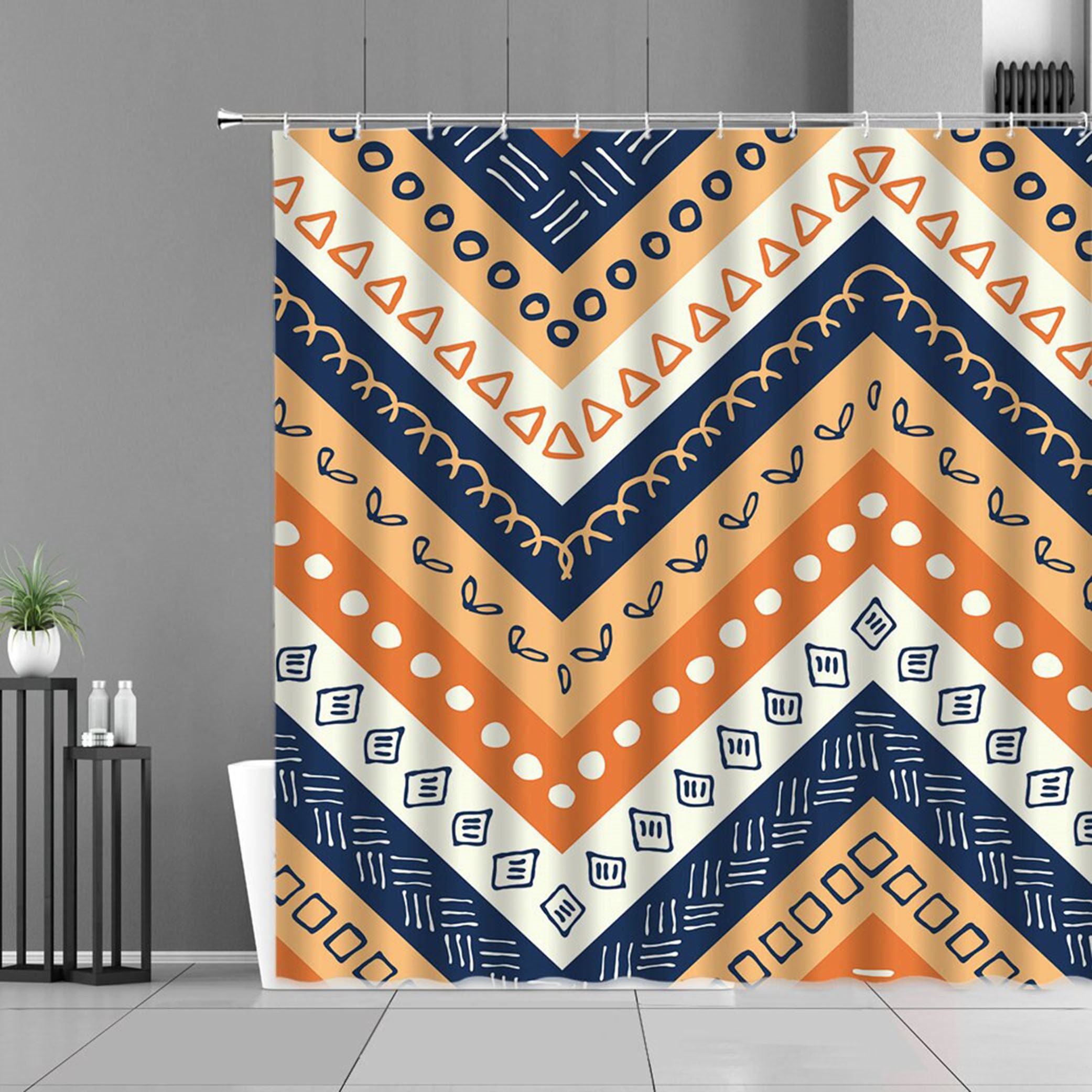 Colorful Mid-century Ethnic Orange Blue Fabric Shower Curtain, Shower Curtains Decorative