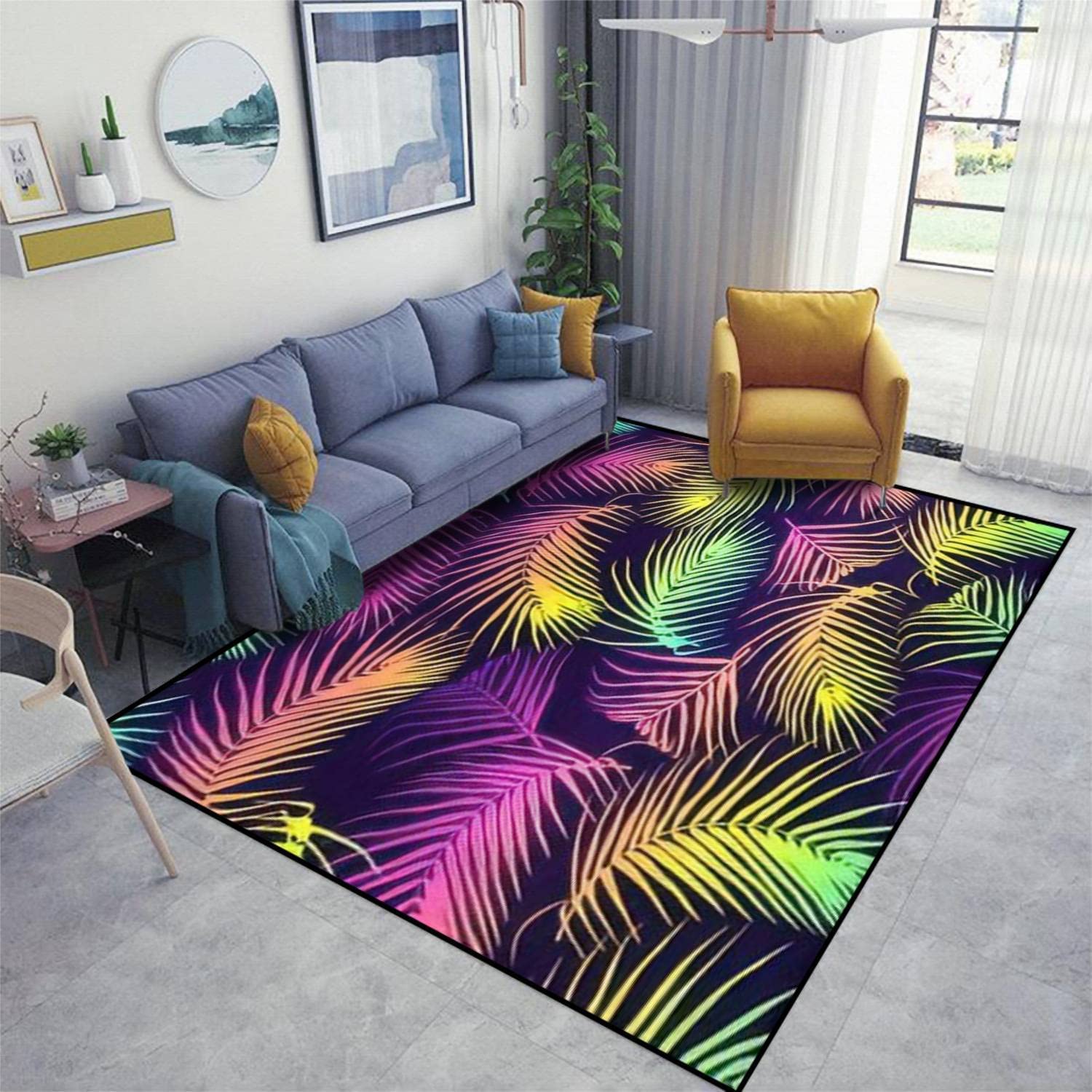 Colorful Palm Leaves Tropical Neon Area Rugs, Indoor Non-Slip Kids Rug, Machine Washable Breathable Durable Carpet - Image 3