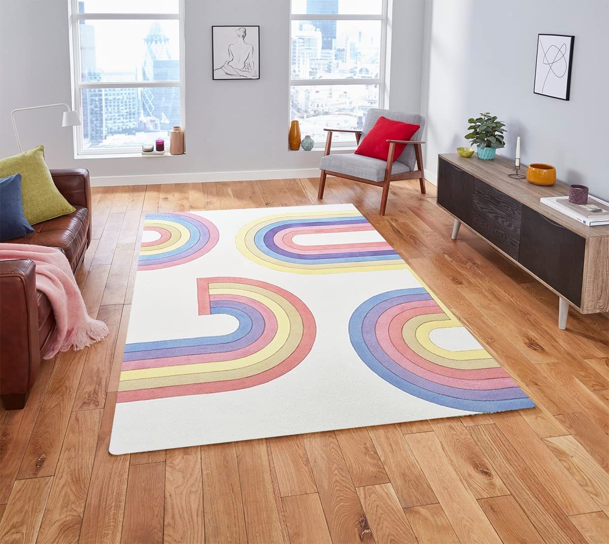 Colorful Rainbow Minimalist Modern Area Rug for Living Room Bedroom - Washable Soft Wool Shag Carpet with Floor Rugs - Image 2