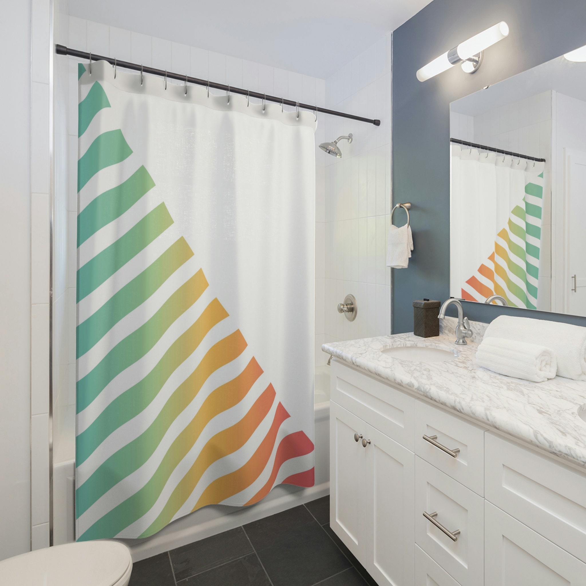 Colorful Retro Abstract Shower Curtain, 70s Theme Bathroom Decor, Unique Bathroom Curtain