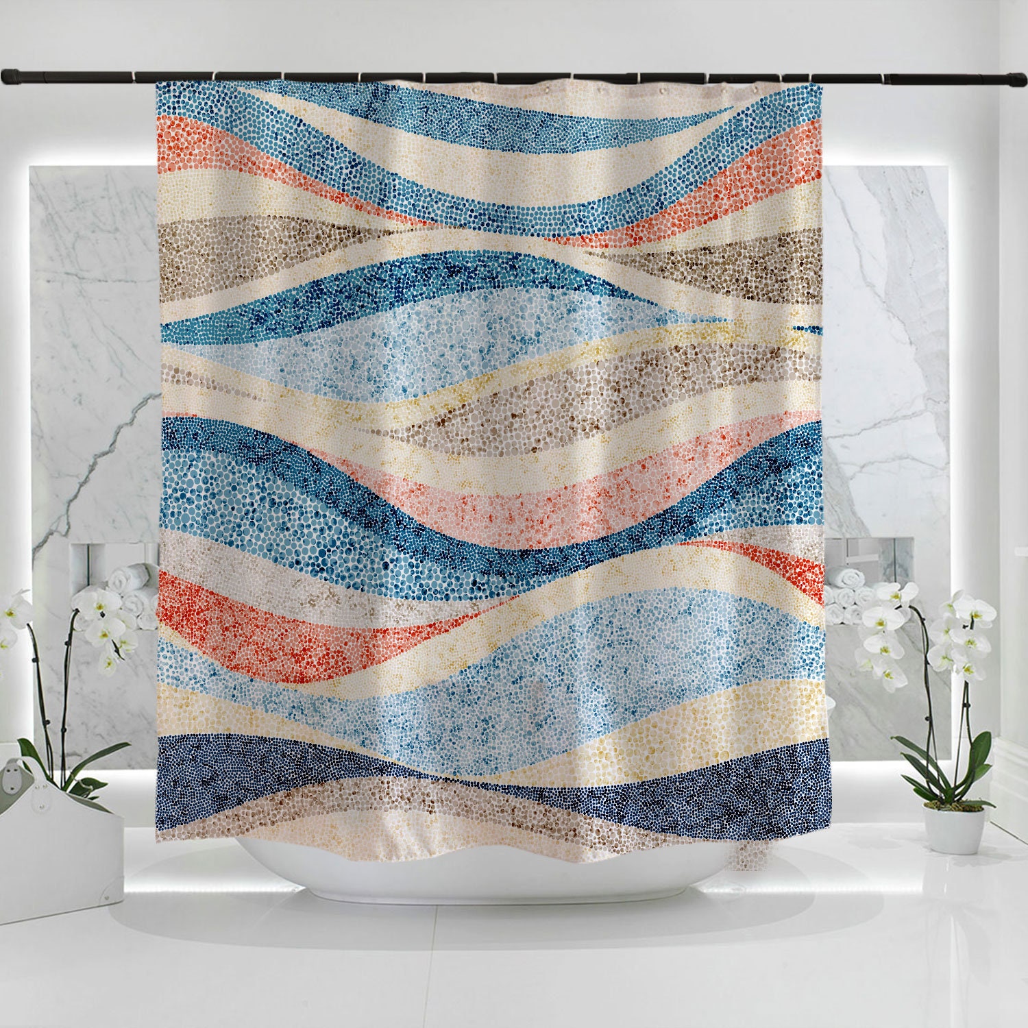 Colorful Sea Wave Dots Shower Curtain - Modern Art Bathroom Decor - Waterproof Heavy Quality Curtains - Image 2