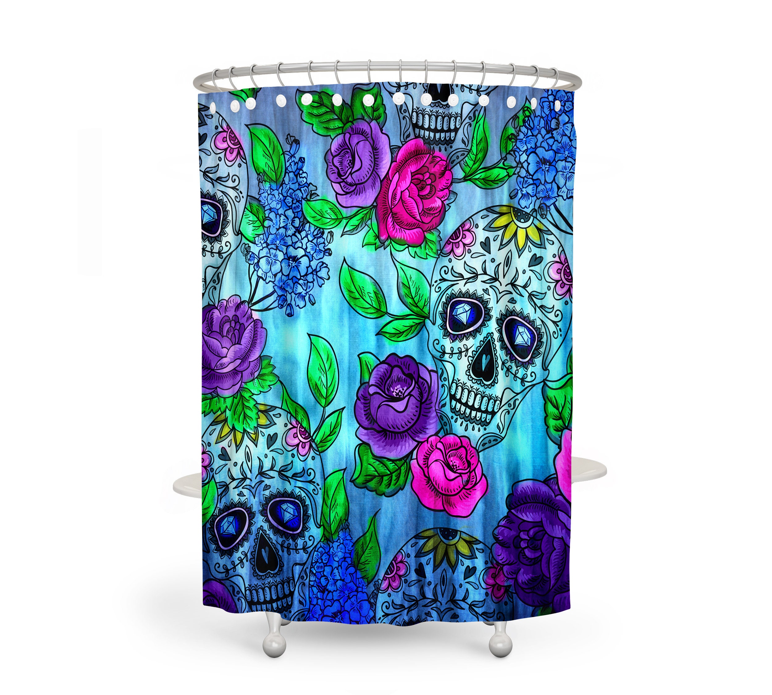 Colorful Sugar Skull Shower Curtain Set with Coordinating Bath Towels and Mats - Image 2