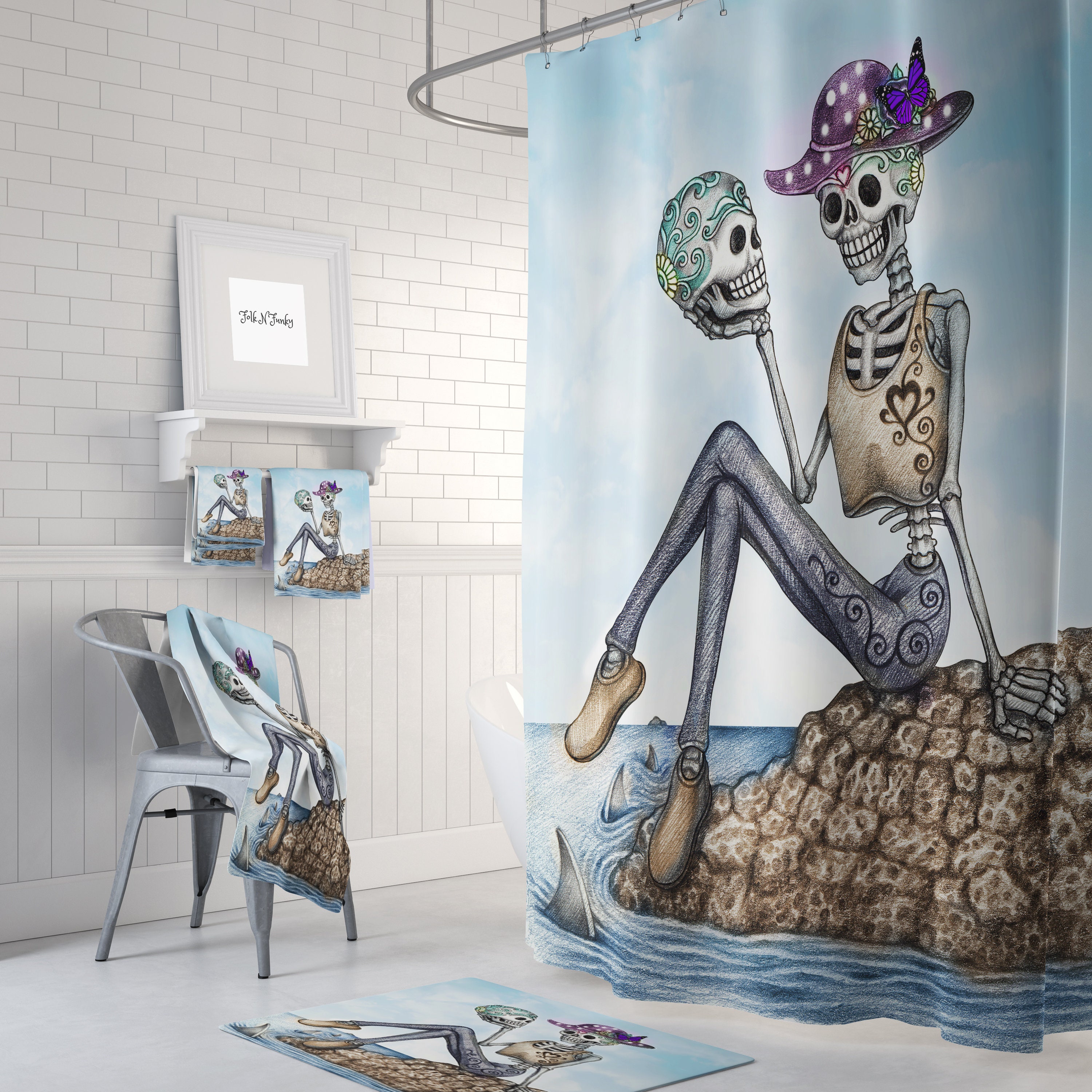Colorful Sugar Skull Shower Curtain with Day of the Dead Bath Mat and Towels