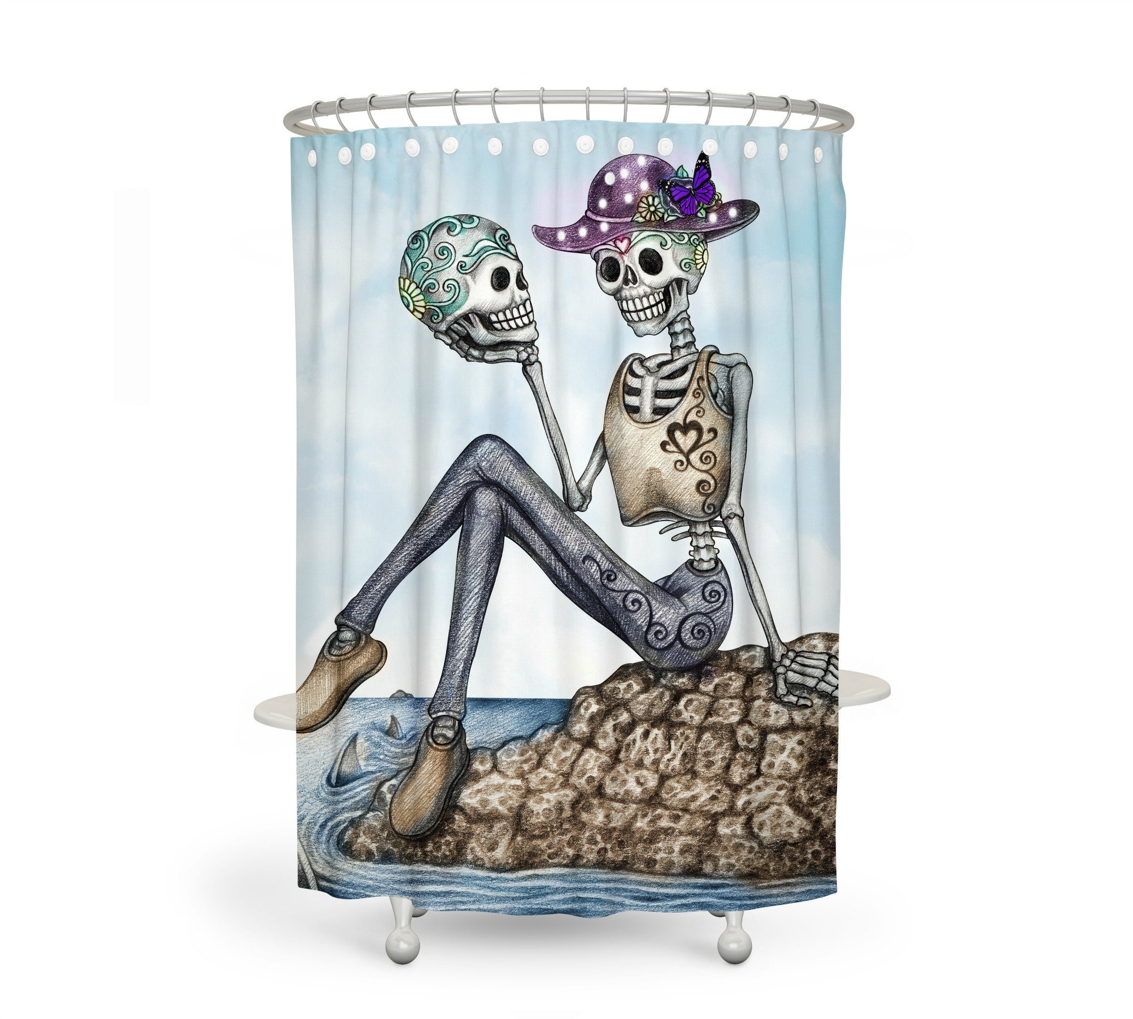 Colorful Sugar Skull Shower Curtain with Day of the Dead Bath Mat and Towels - Image 2