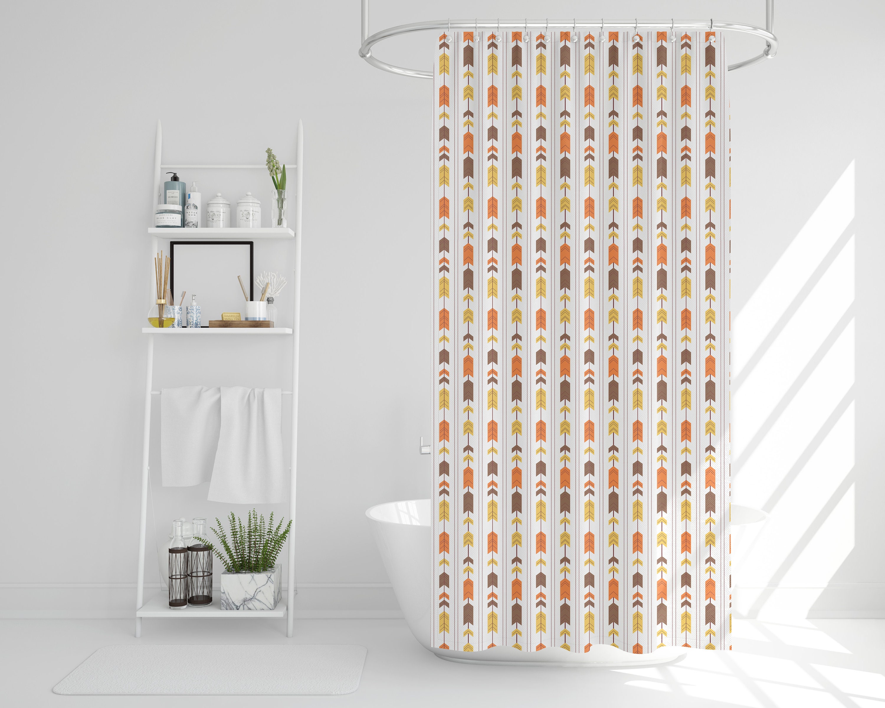 Colorful Tribal Boho Shower Curtain, Orange Brown Yellow Chevron Bath Print, Printed Fabric, Home Decor Gift Idea