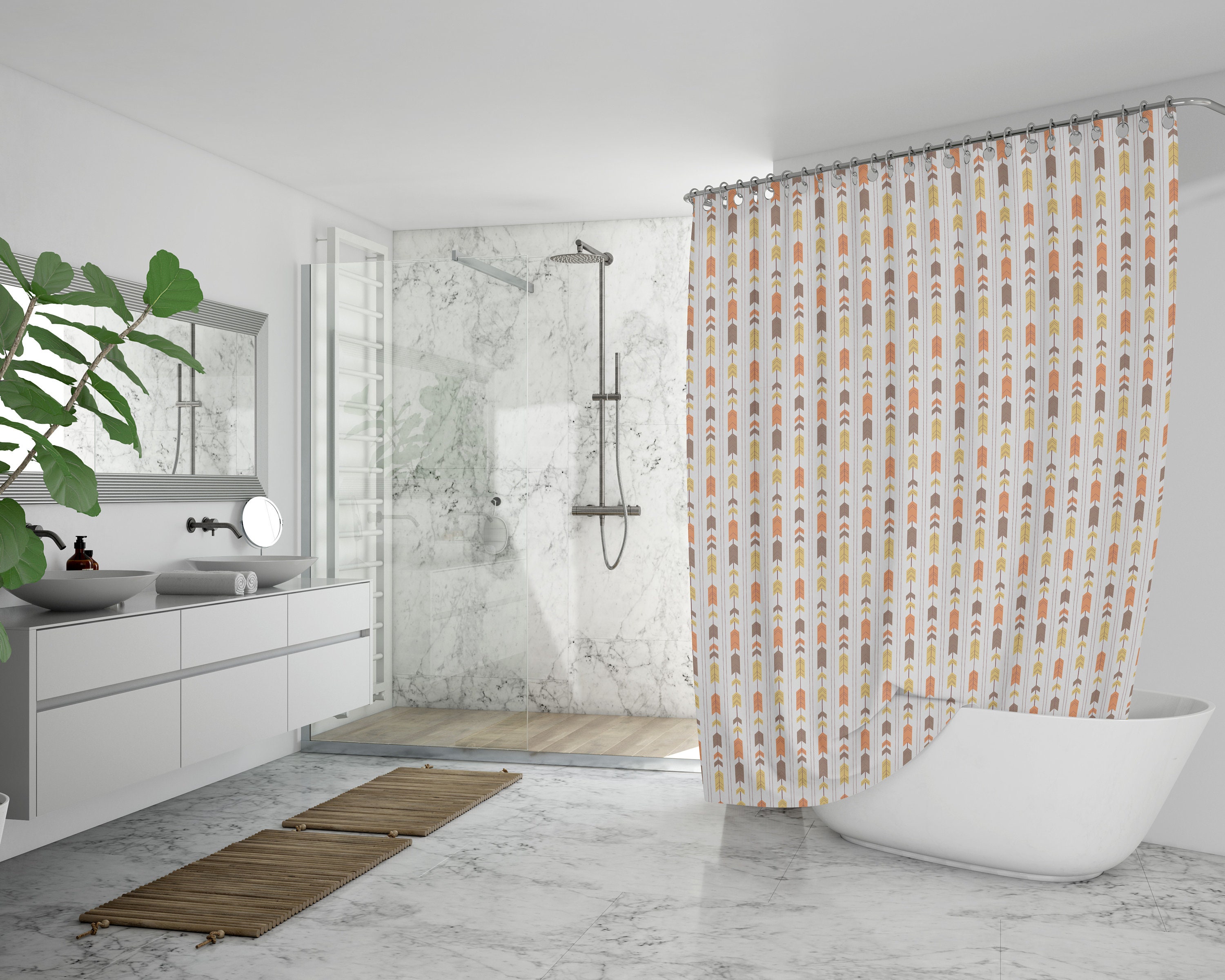 Colorful Tribal Boho Shower Curtain, Orange Brown Yellow Chevron Bath Print, Printed Fabric, Home Decor Gift Idea - Image 2