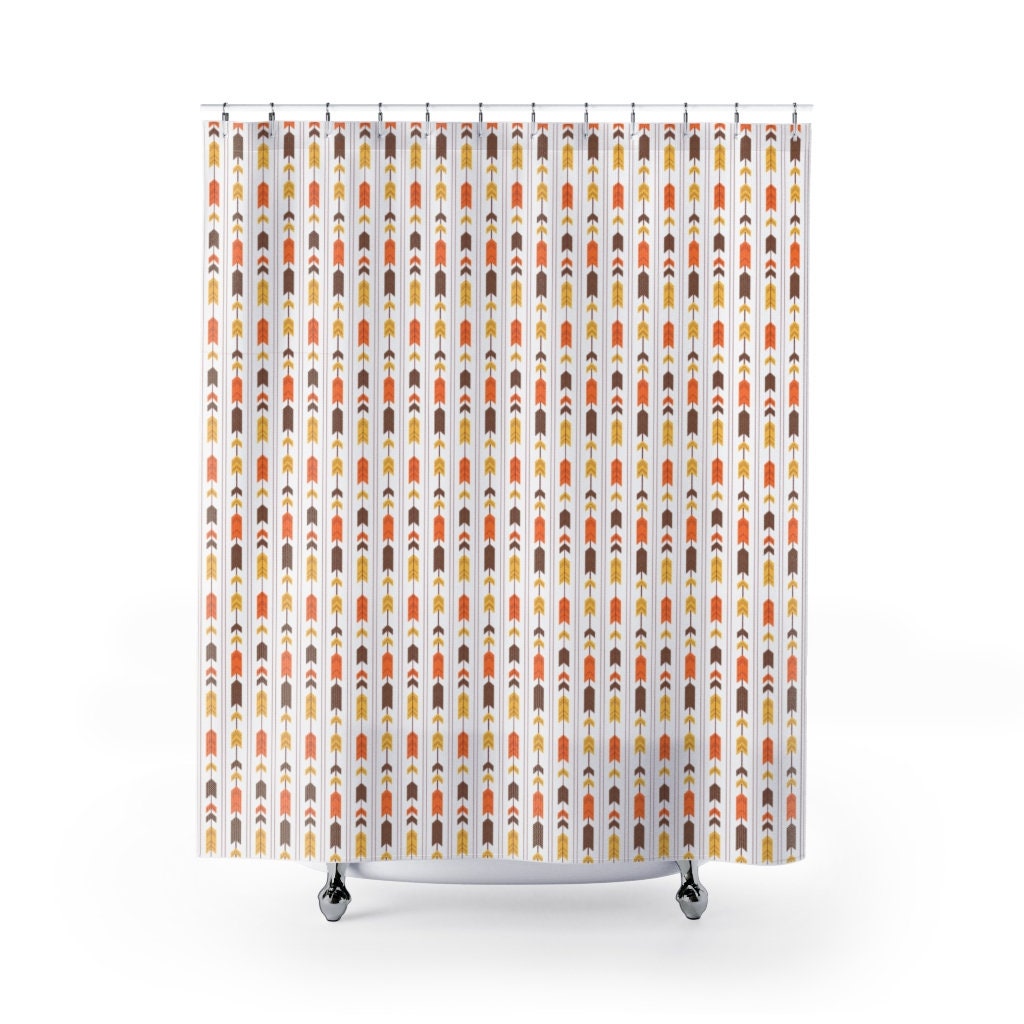 Colorful Tribal Boho Shower Curtain, Orange Brown Yellow Chevron Bath Print, Printed Fabric, Home Decor Gift Idea - Image 3