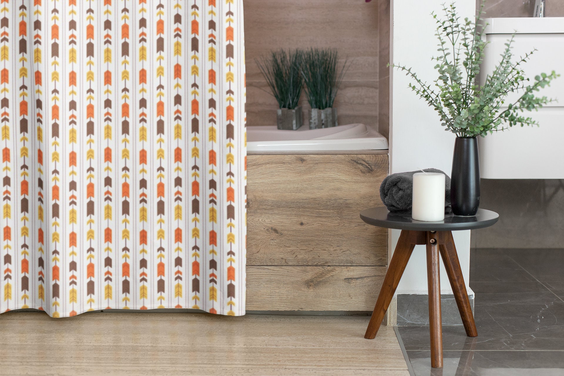 Colorful Tribal Boho Shower Curtain, Orange Brown Yellow Chevron Bath Print, Printed Fabric, Home Decor Gift Idea - Image 4